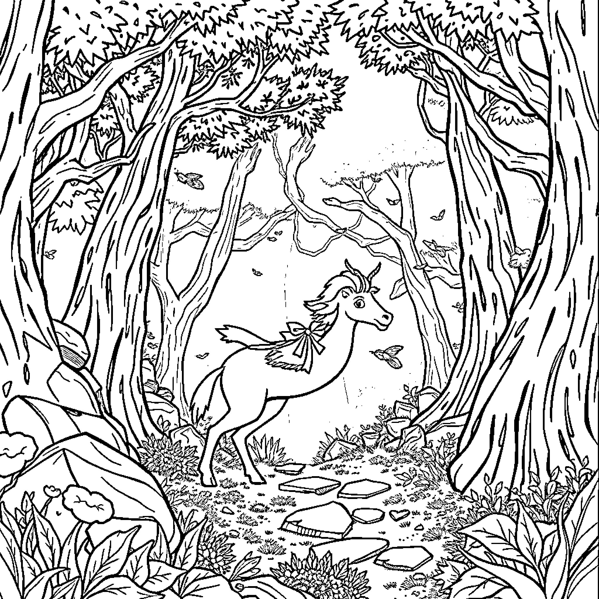 Huntrix Unicorn in Enchanted Woodland Coloring Page (free black-and-white line drawing printable PDF for all, from beginners to advanced learners, including children, teens, adults, and seniors)