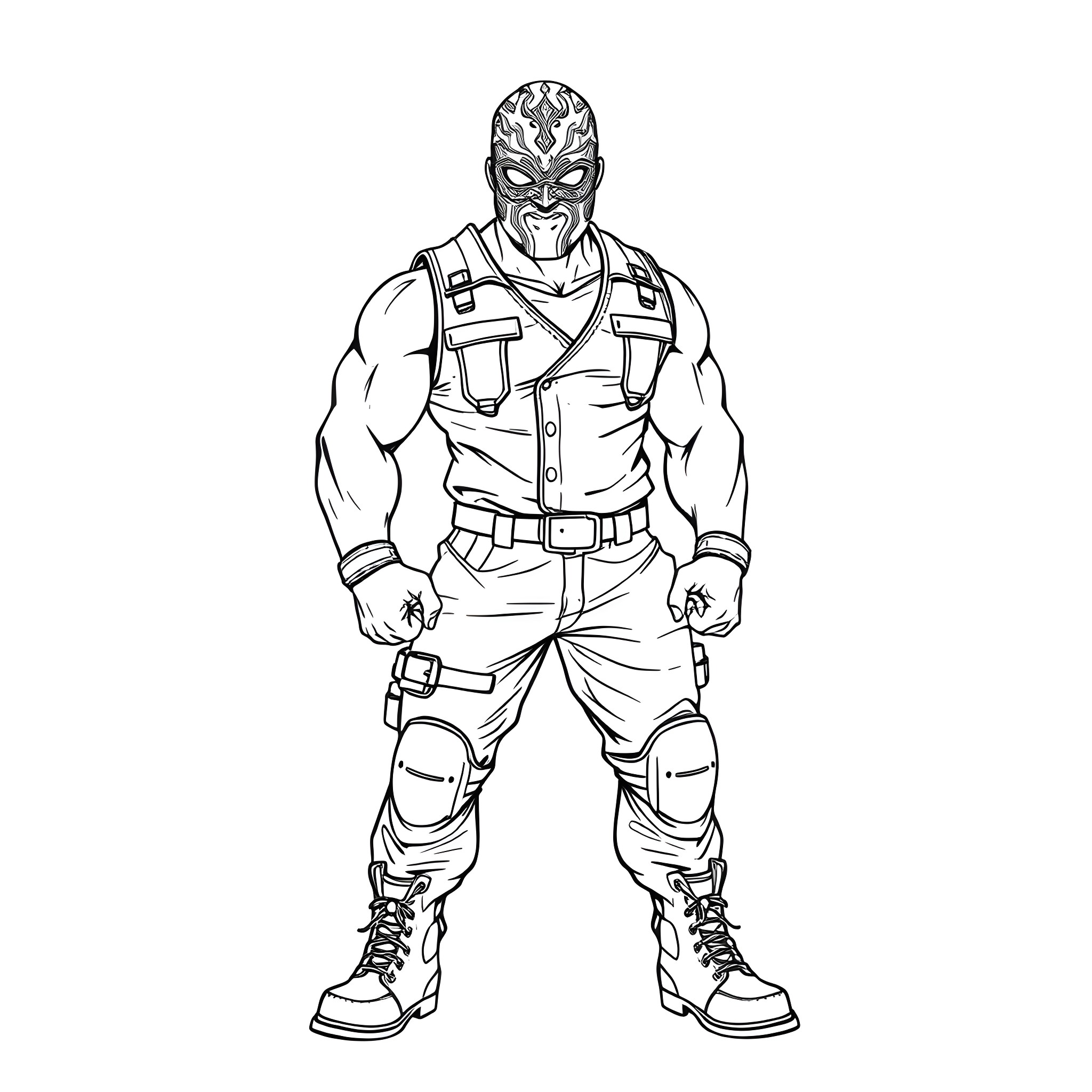 Hulk Warrior in Tactical Gear Stance Coloring Page (free black-and-white line drawing printable PDF for all, from beginners to advanced learners, including children, teens, adults, and seniors)