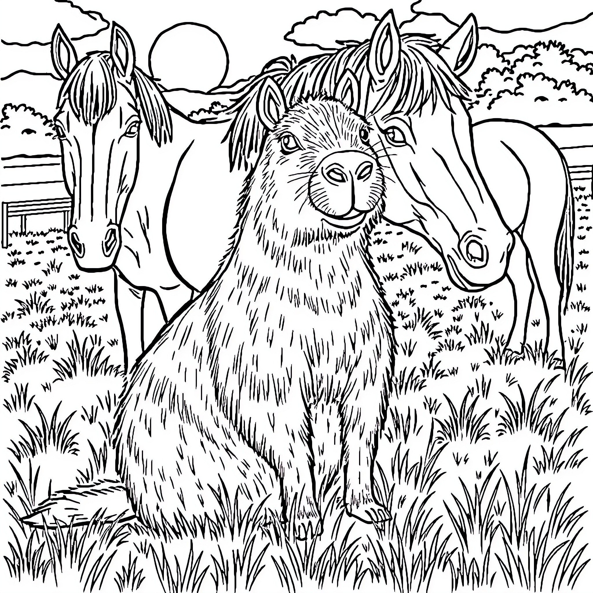 Capybara and Horses in Pastoral Landscape Coloring Page (free black-and-white line drawing printable PDF for all, from beginners to advanced learners, including children, teens, adults, and seniors)