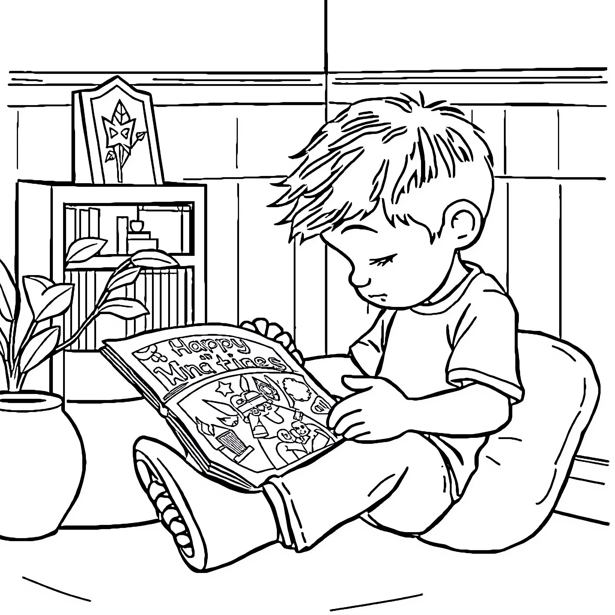 Boy reading a book intently in his room Coloring Page (free black-and-white line drawing printable PDF for all, from beginners to advanced learners, including children, teens, adults, and seniors)