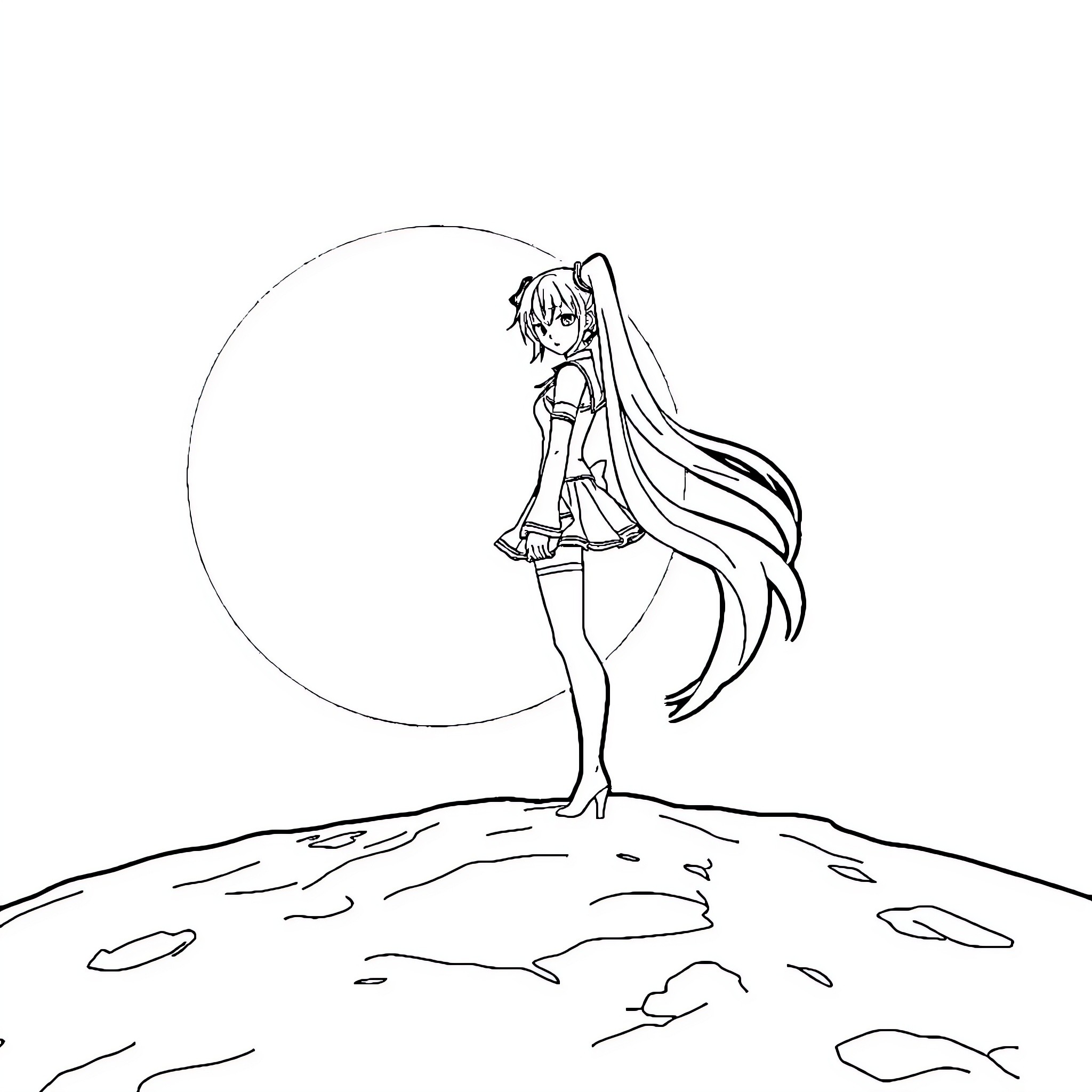 Hatsune Miku standing on a hill under the moonlight Coloring Page (free black-and-white line drawing printable PDF for all, from beginners to advanced learners, including children, teens, adults, and seniors)