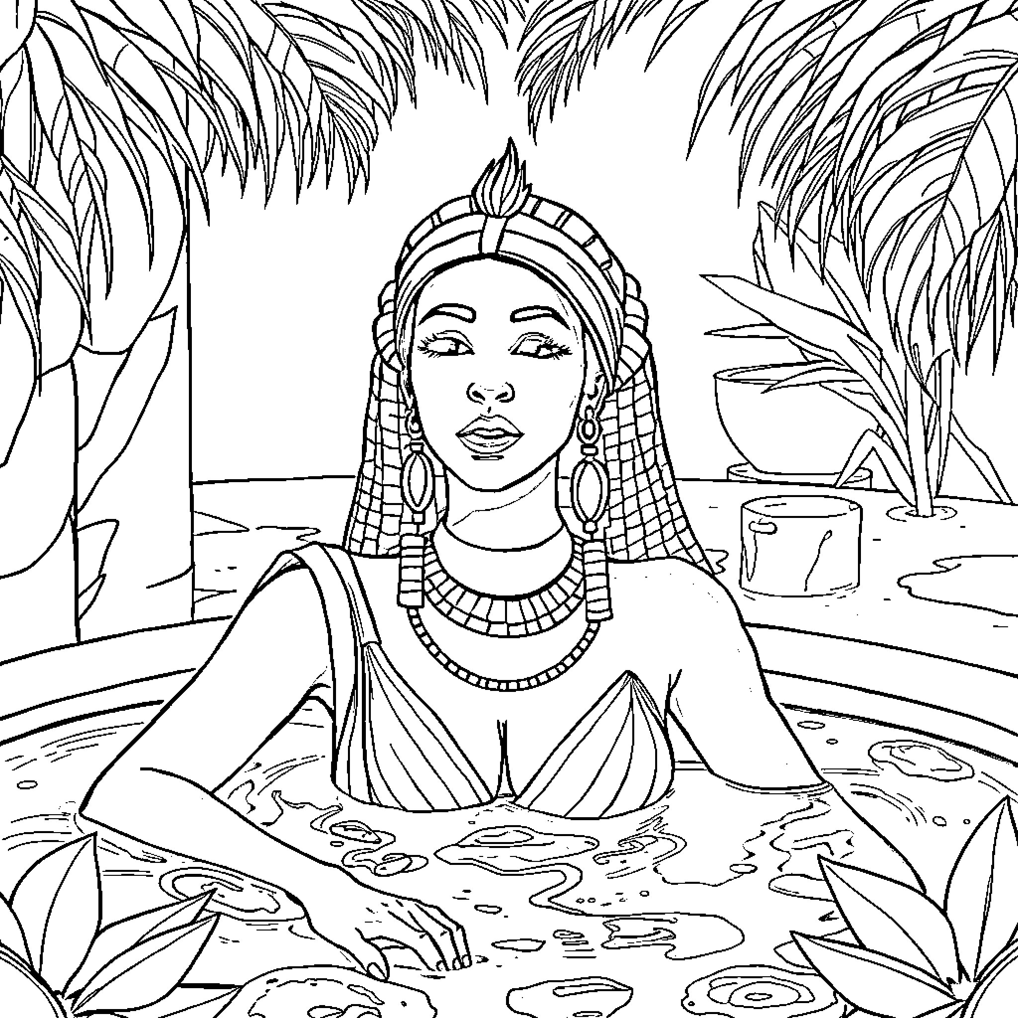 Queen relaxing in tropical setting Coloring Page (free black-and-white line drawing printable PDF for all, from beginners to advanced learners, including children, teens, adults, and seniors)