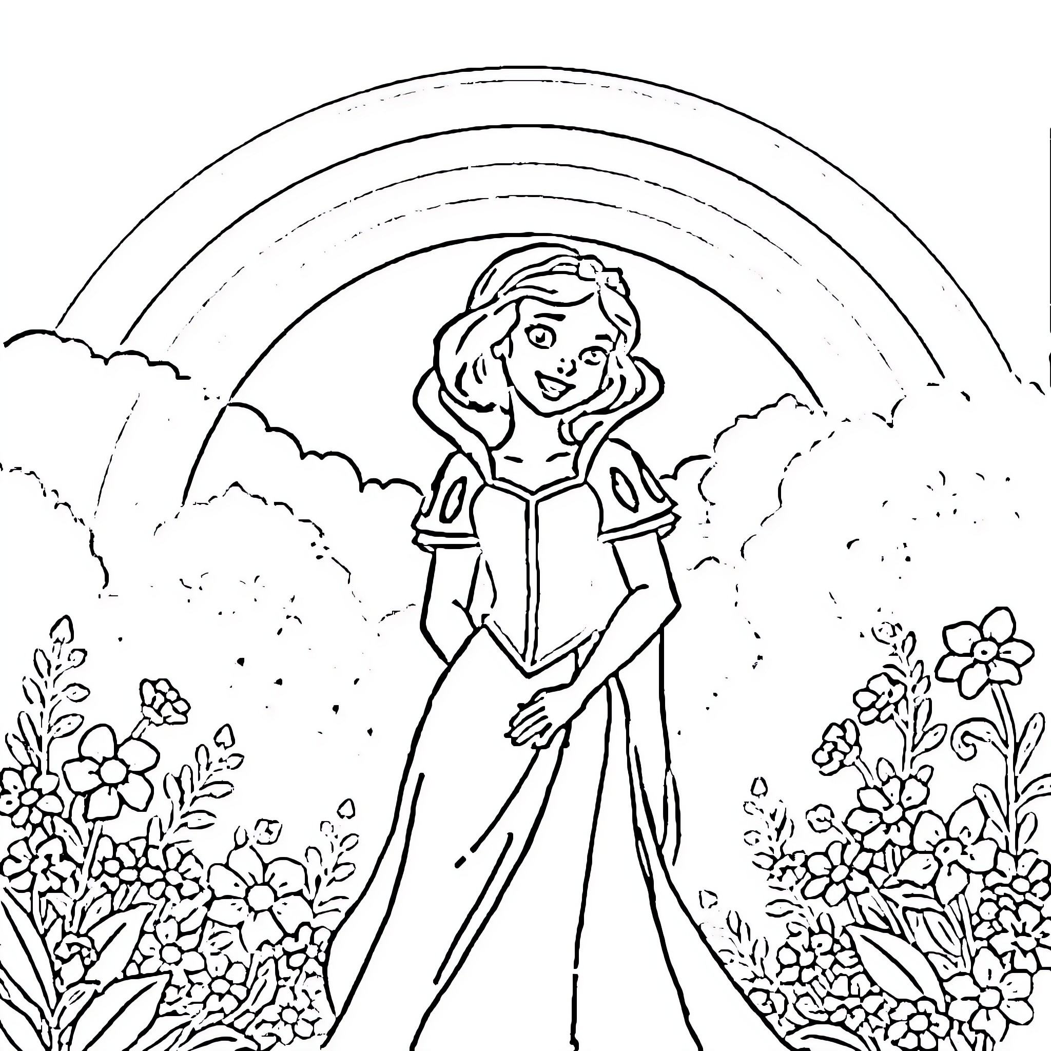 Snow White amid a garden of flowers and rainbows Coloring Page (free black-and-white line drawing printable PDF for all, from beginners to advanced learners, including children, teens, adults, and seniors)