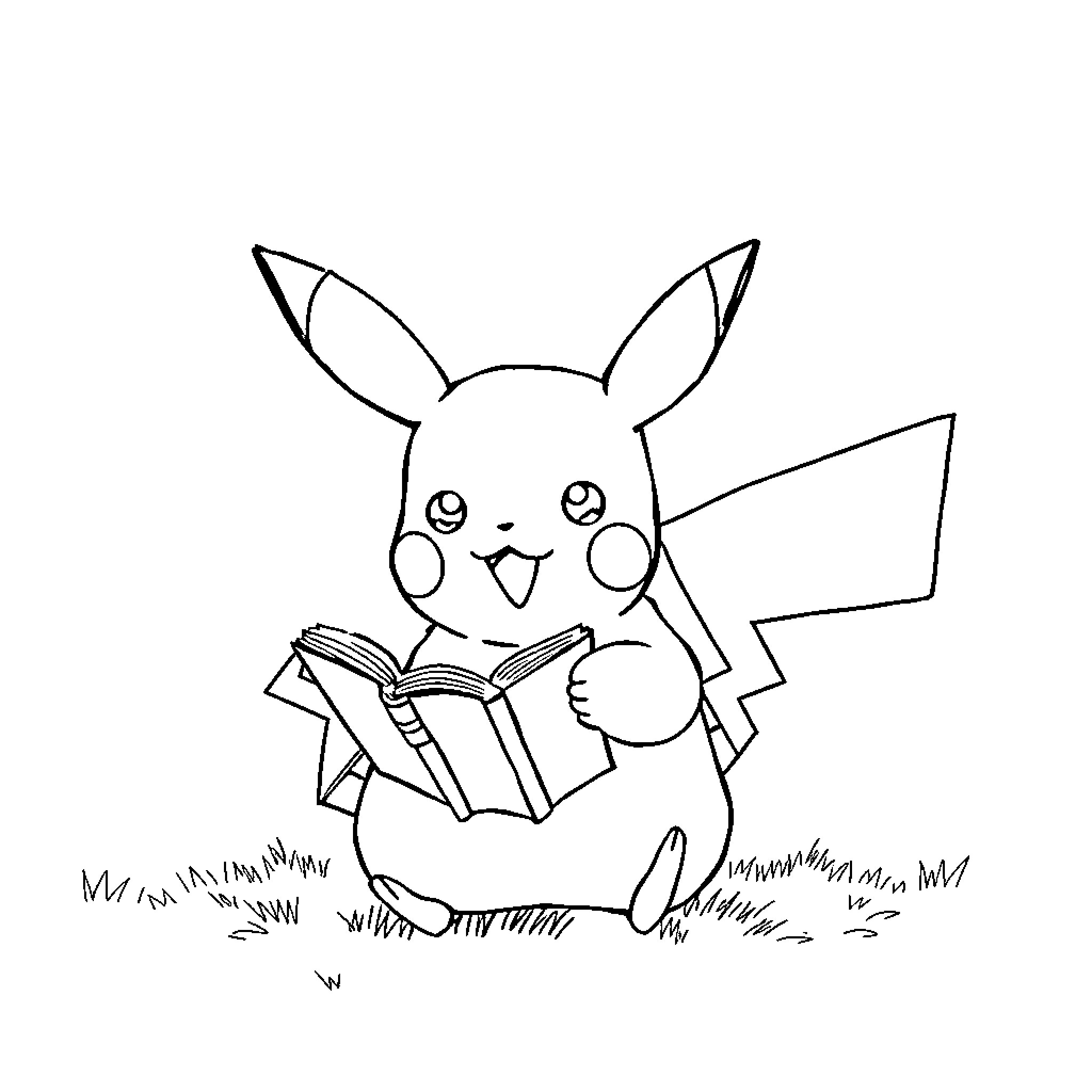 Pikachu reading a book in the park Coloring Page (free black-and-white line drawing printable PDF for all, from beginners to advanced learners, including children, teens, adults, and seniors)