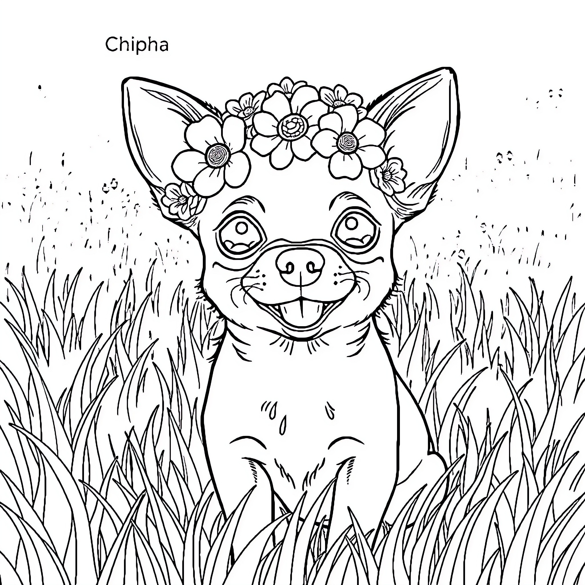Chihuahua with a flowery crown in a grassy field Coloring Page (free black-and-white line drawing printable PDF for all, from beginners to advanced learners, including children, teens, adults, and seniors)