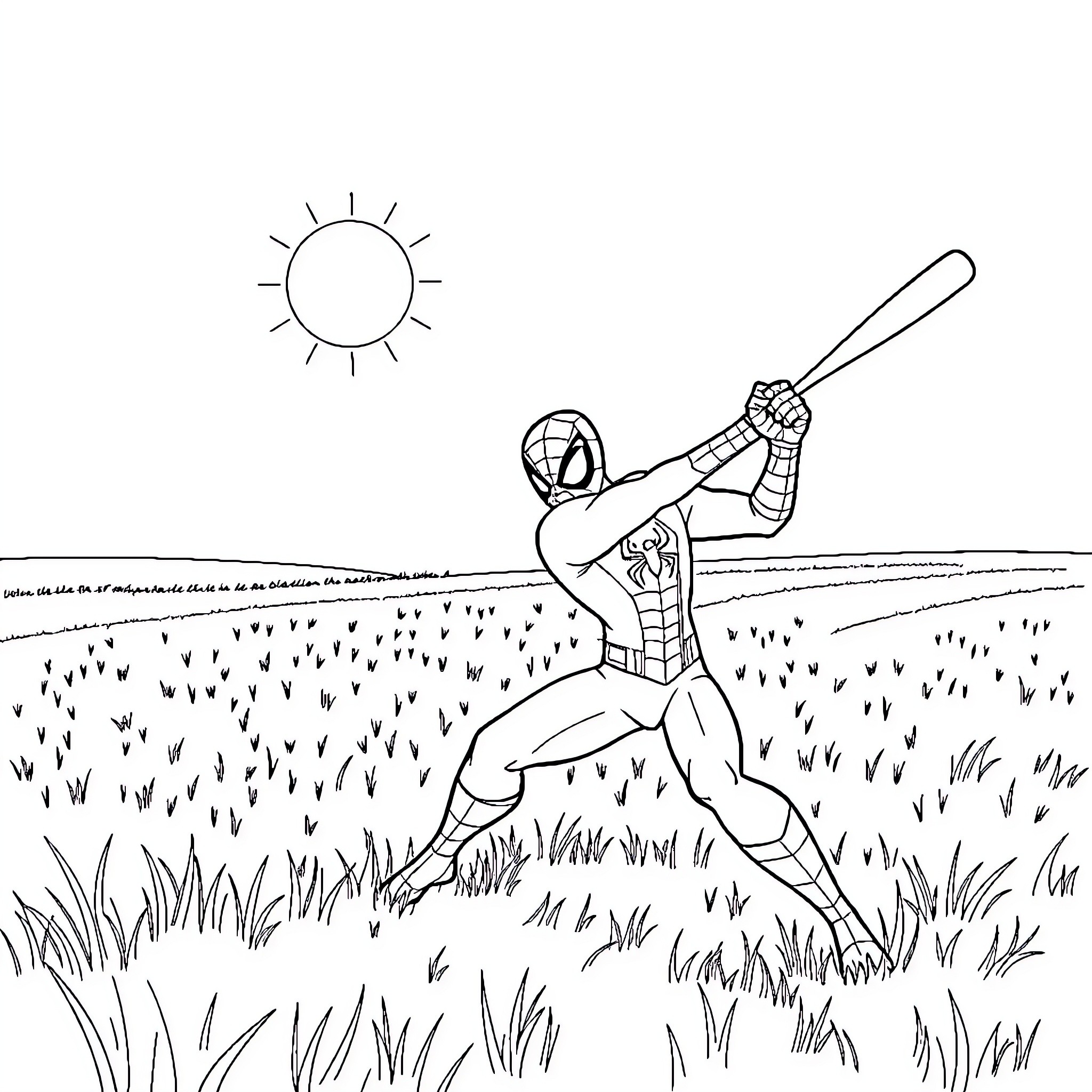 Spiderman swinging into action on a sunny day Coloring Page (free black-and-white line drawing printable PDF for all, from beginners to advanced learners, including children, teens, adults, and seniors)