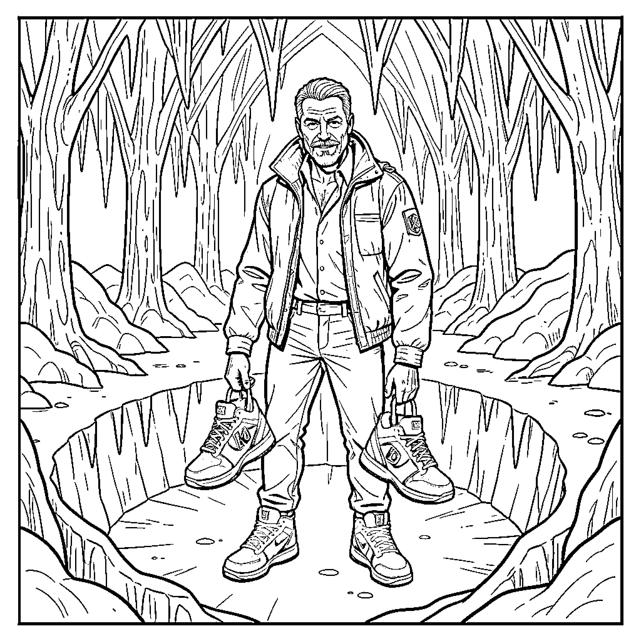 Candyman standing in woods holding trendy sneakers Coloring Page (free black-and-white line drawing printable PDF for all, from beginners to advanced learners, including children, teens, adults, and seniors)