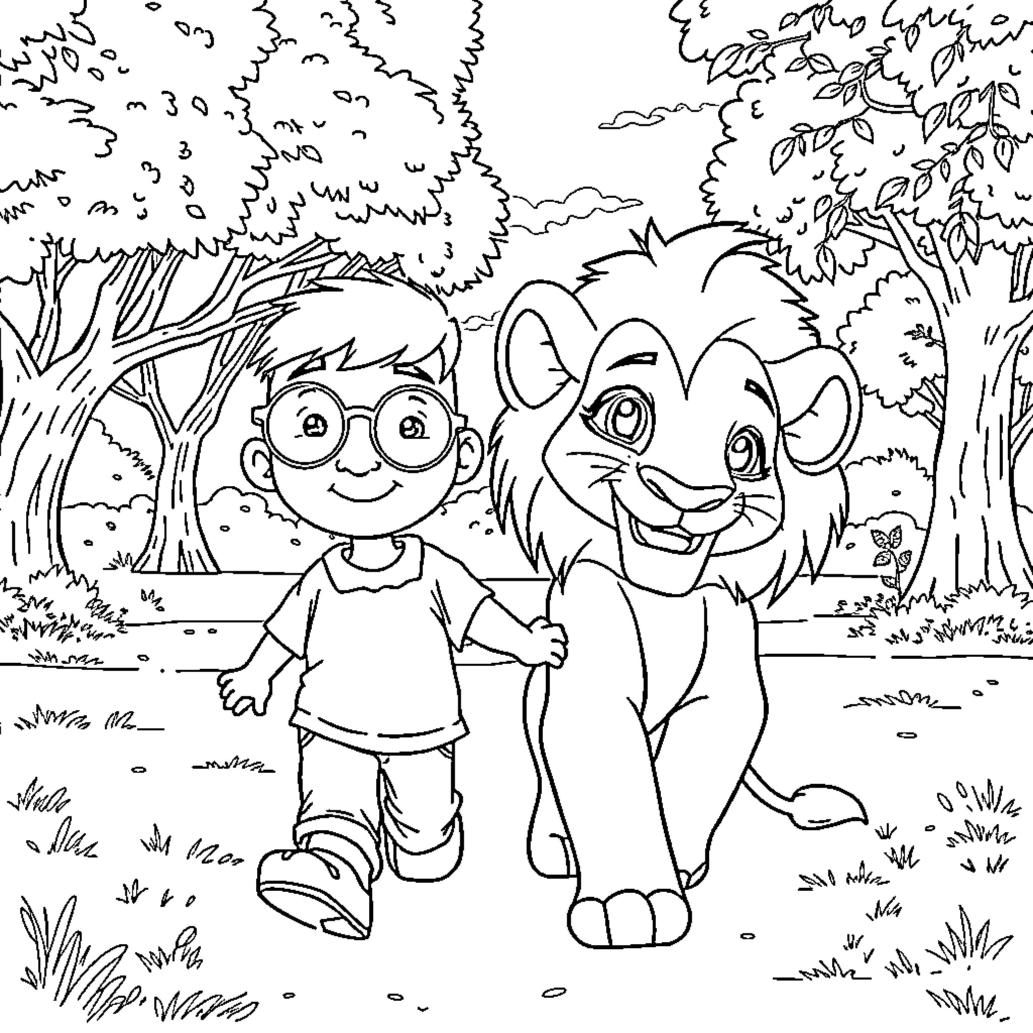 Boy walking with a cartoon animal in the forest Coloring Page (free black-and-white line drawing printable PDF for all, from beginners to advanced learners, including children, teens, adults, and seniors)