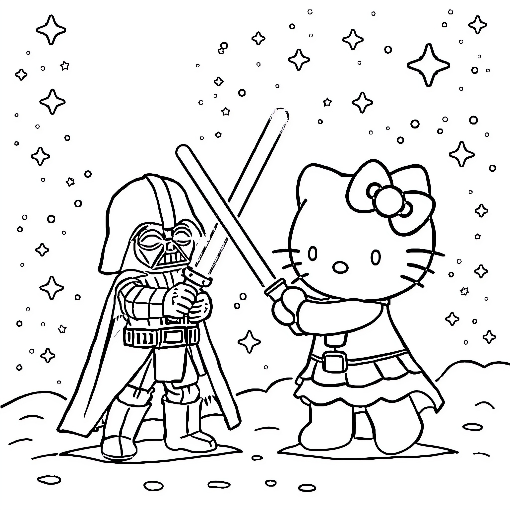 Hello Kitty meets Darth Vader in the galaxy Coloring Page (free black-and-white line drawing printable PDF for all, from beginners to advanced learners, including children, teens, adults, and seniors)