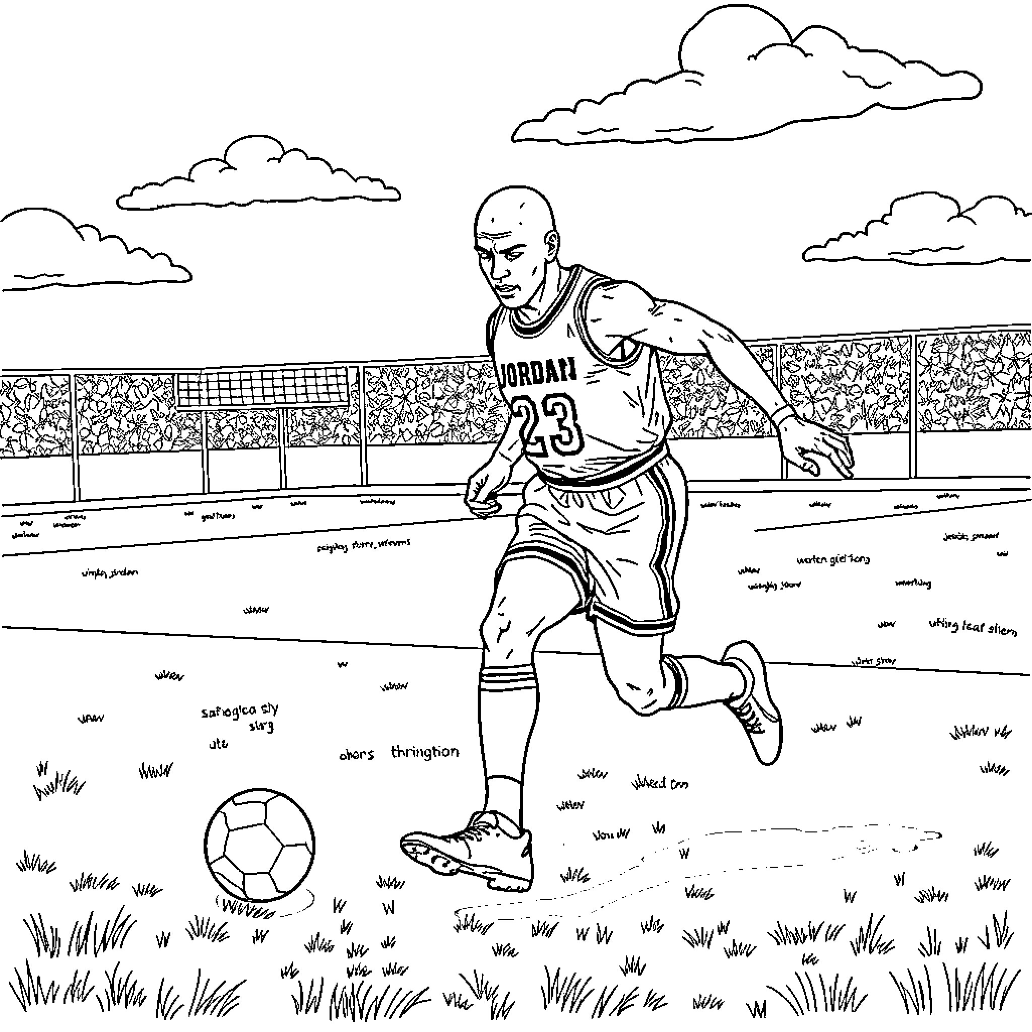 Michael Jordan playing basketball on the field Coloring Page (free black-and-white line drawing printable PDF for all, from beginners to advanced learners, including children, teens, adults, and seniors)