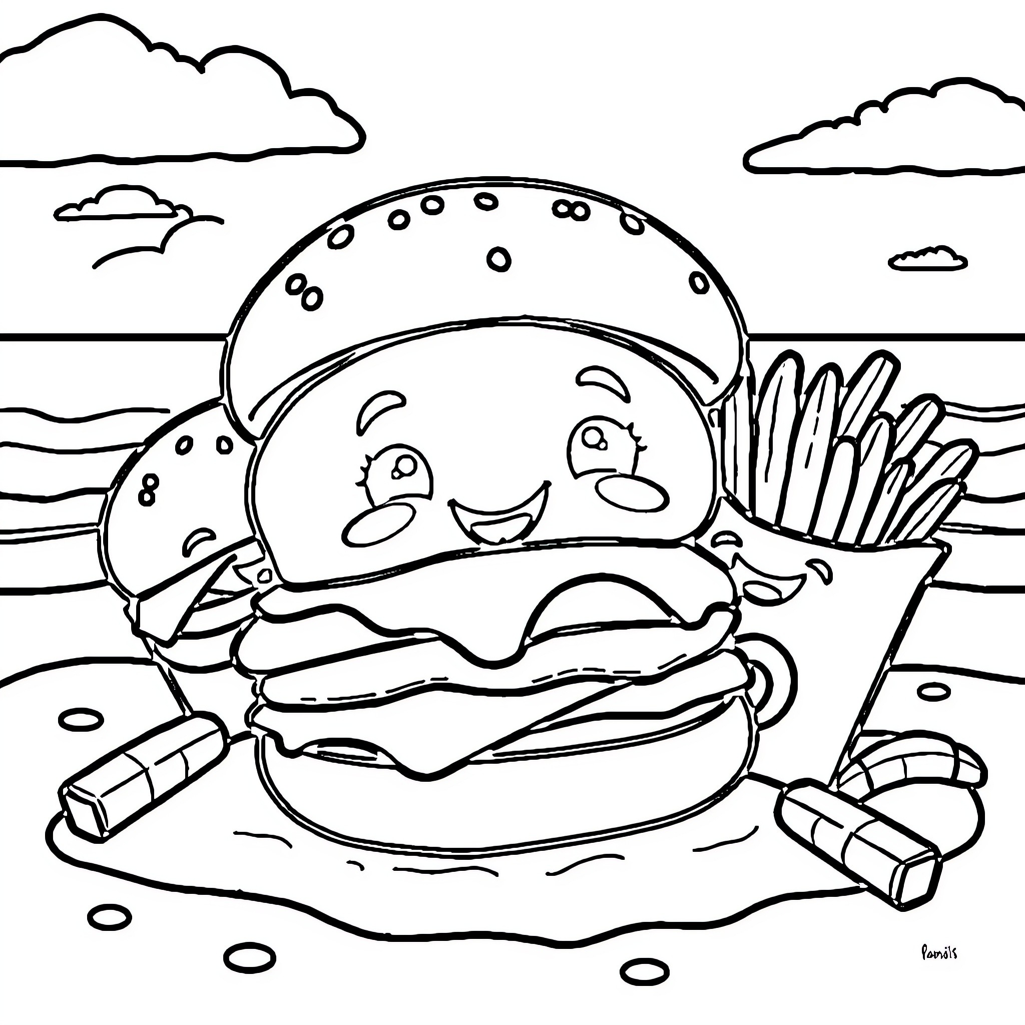 Fast Food Cartoon Characters on Beach Scene Coloring Page (free black-and-white line drawing printable PDF for all, from beginners to advanced learners, including children, teens, adults, and seniors)