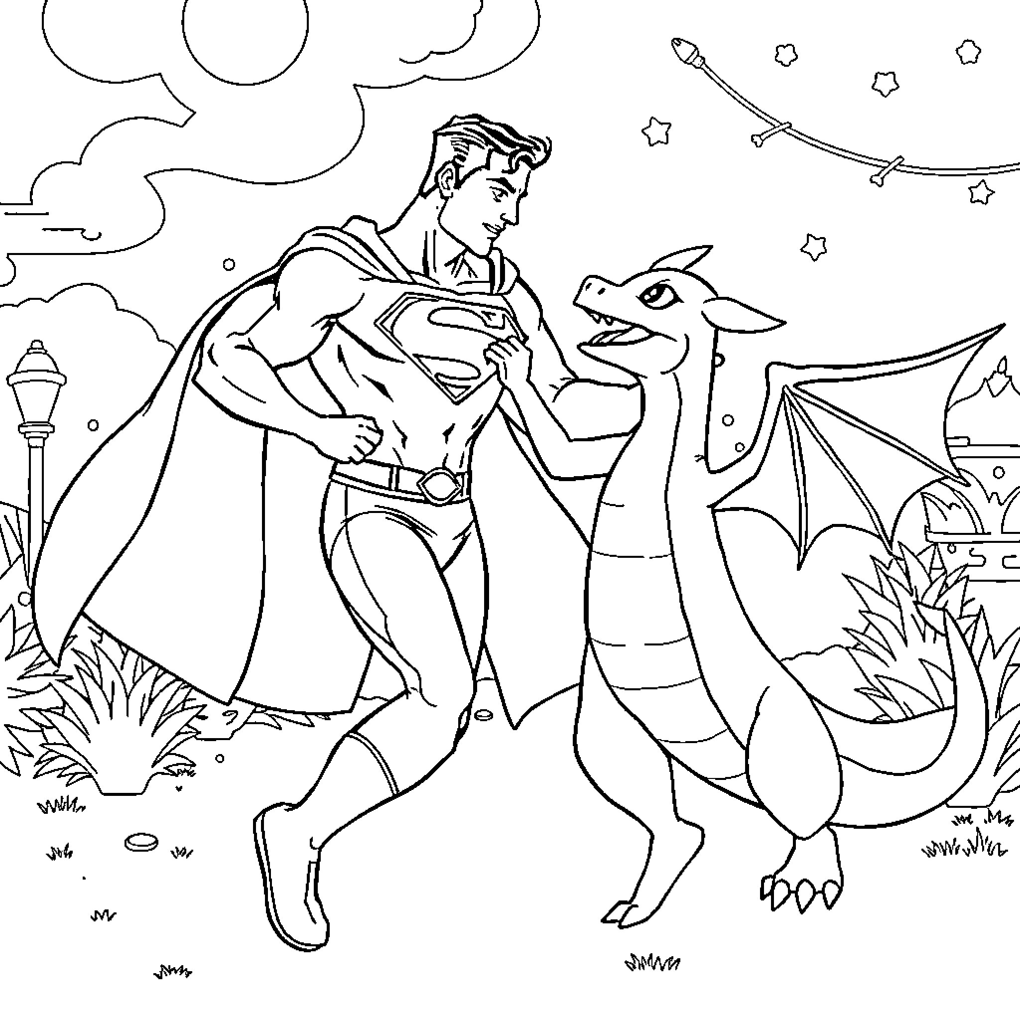 Superman and Dragon Encounter in Fantastical Landscape Coloring Page (free black-and-white line drawing printable PDF for all, from beginners to advanced learners, including children, teens, adults, and seniors)