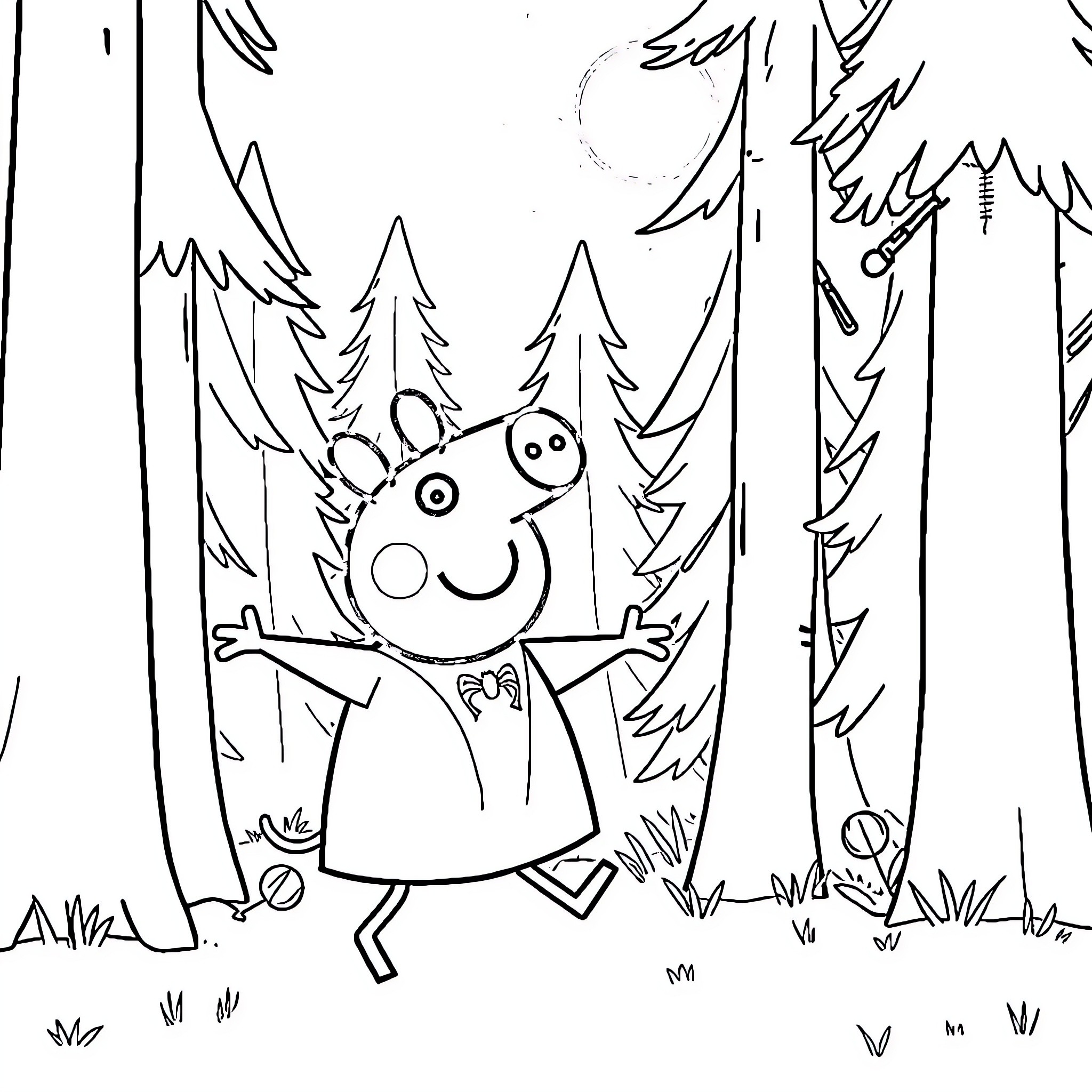Peppa Pig enjoying nature in the woods Coloring Page (free black-and-white line drawing printable PDF for all, from beginners to advanced learners, including children, teens, adults, and seniors)
