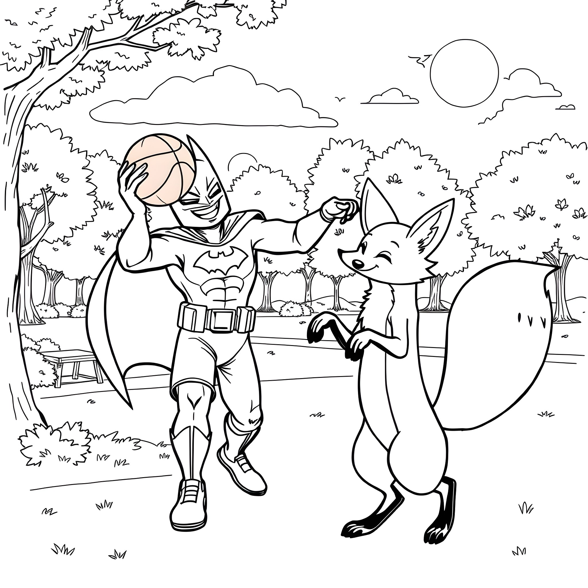 Batman and Fox Hero Fighting in the Forest Coloring Page (free black-and-white line drawing printable PDF for all, from beginners to advanced learners, including children, teens, adults, and seniors)