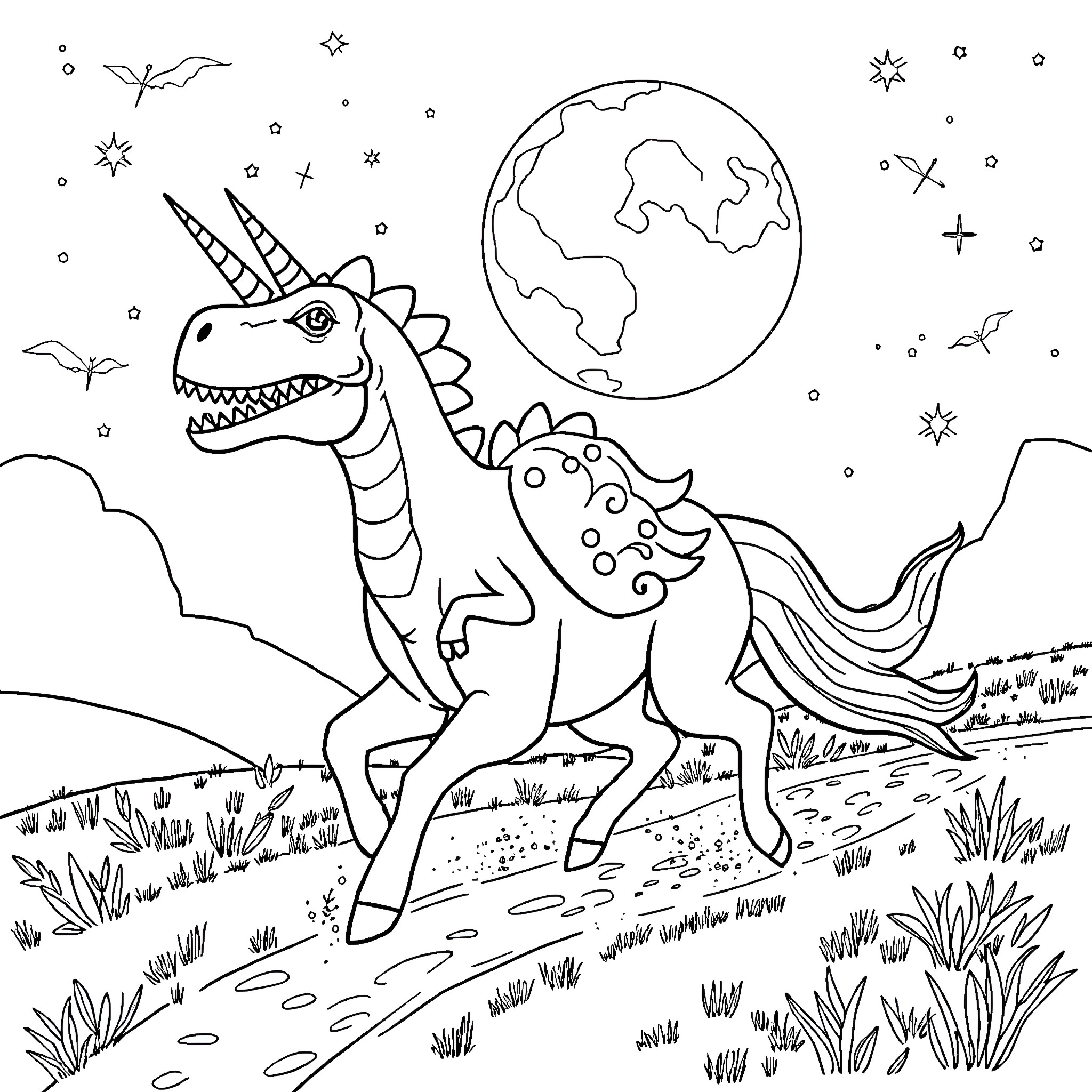 Dinosaur exploring the galaxy under the stars Coloring Page (free black-and-white line drawing printable PDF for all, from beginners to advanced learners, including children, teens, adults, and seniors)