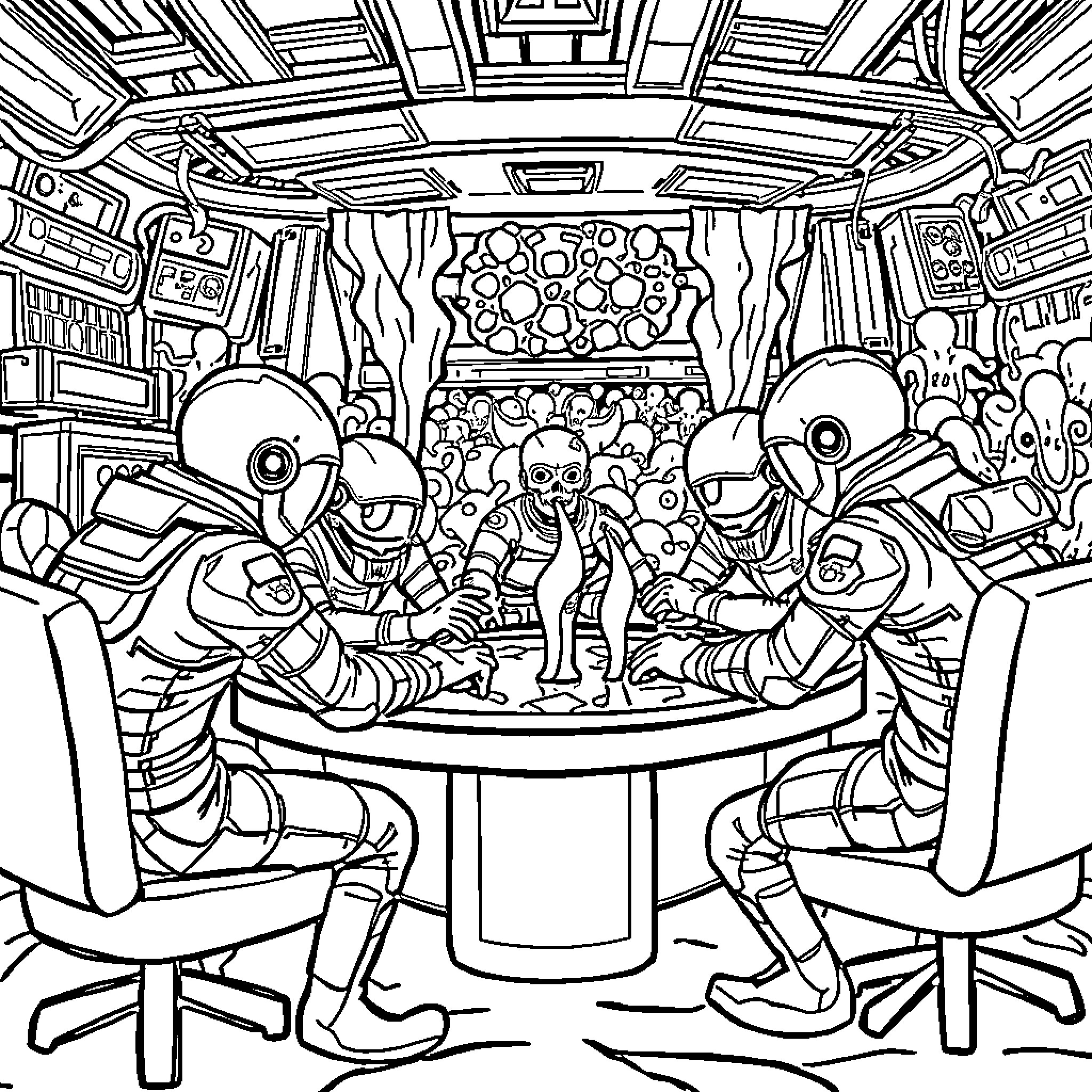 Ice Agents Strategize in Futuristic Control Room Coloring Page (free black-and-white line drawing printable PDF for all, from beginners to advanced learners, including children, teens, adults, and seniors)