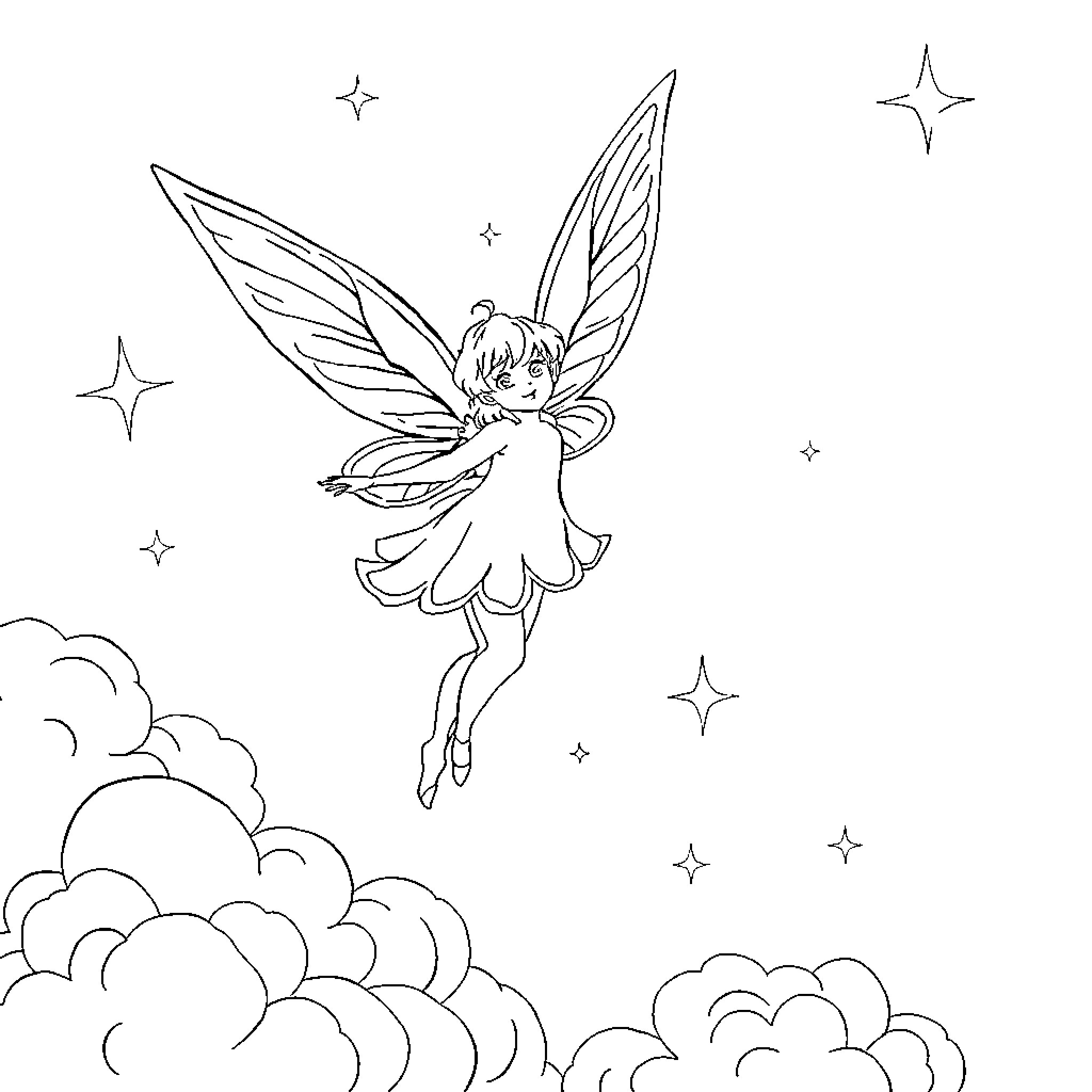 Fairy soaring through the starry night sky Coloring Page (free black-and-white line drawing printable PDF for all, from beginners to advanced learners, including children, teens, adults, and seniors)