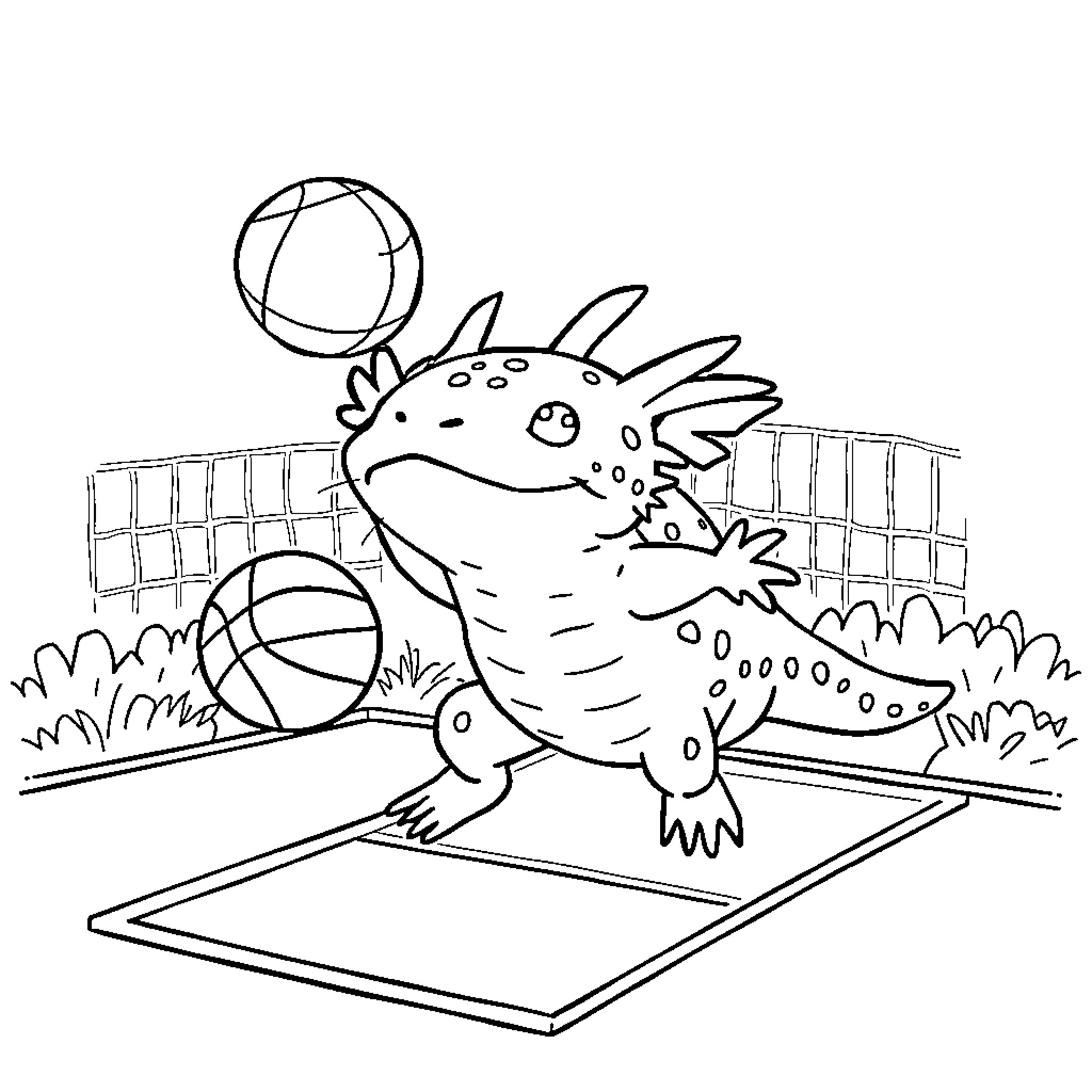 Axolotl playing with balls on court Coloring Page (free black-and-white line drawing printable PDF for all, from beginners to advanced learners, including children, teens, adults, and seniors)