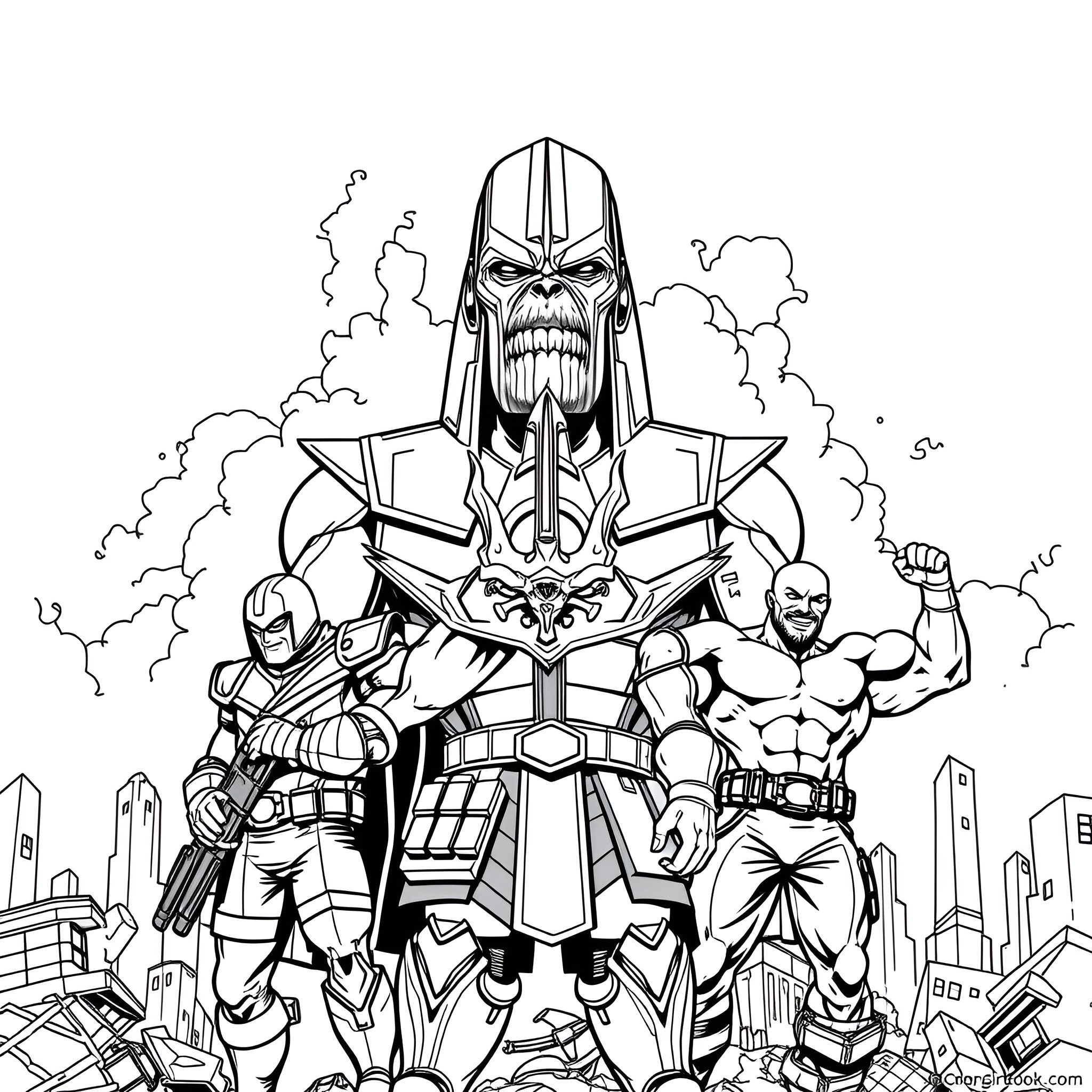 Thanos and his minions in an epic battle scene Coloring Page (free black-and-white line drawing printable PDF for all, from beginners to advanced learners, including children, teens, adults, and seniors)