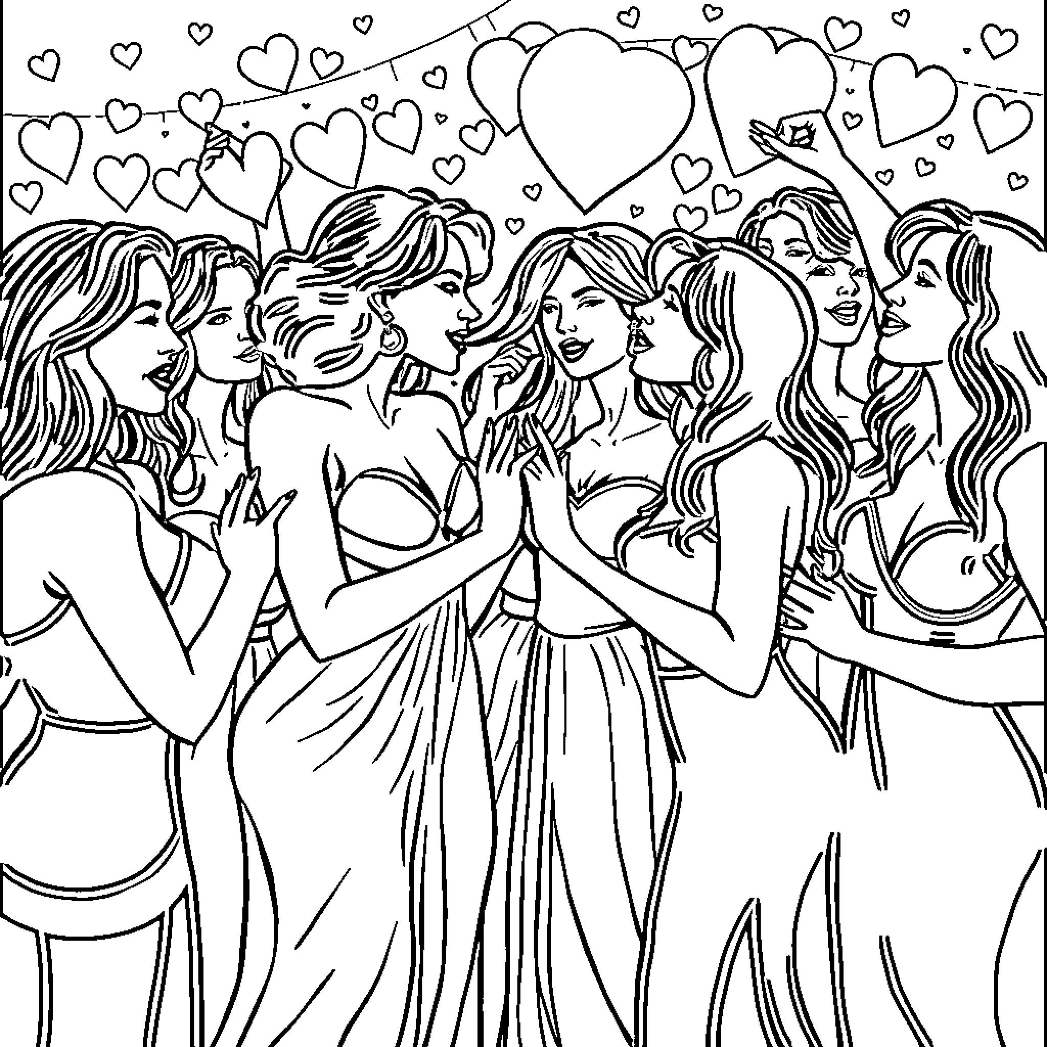 Lesbian Lovers Embracing in a Heart-Filled Celebration Coloring Page (free black-and-white line drawing printable PDF for all, from beginners to advanced learners, including children, teens, adults, and seniors)