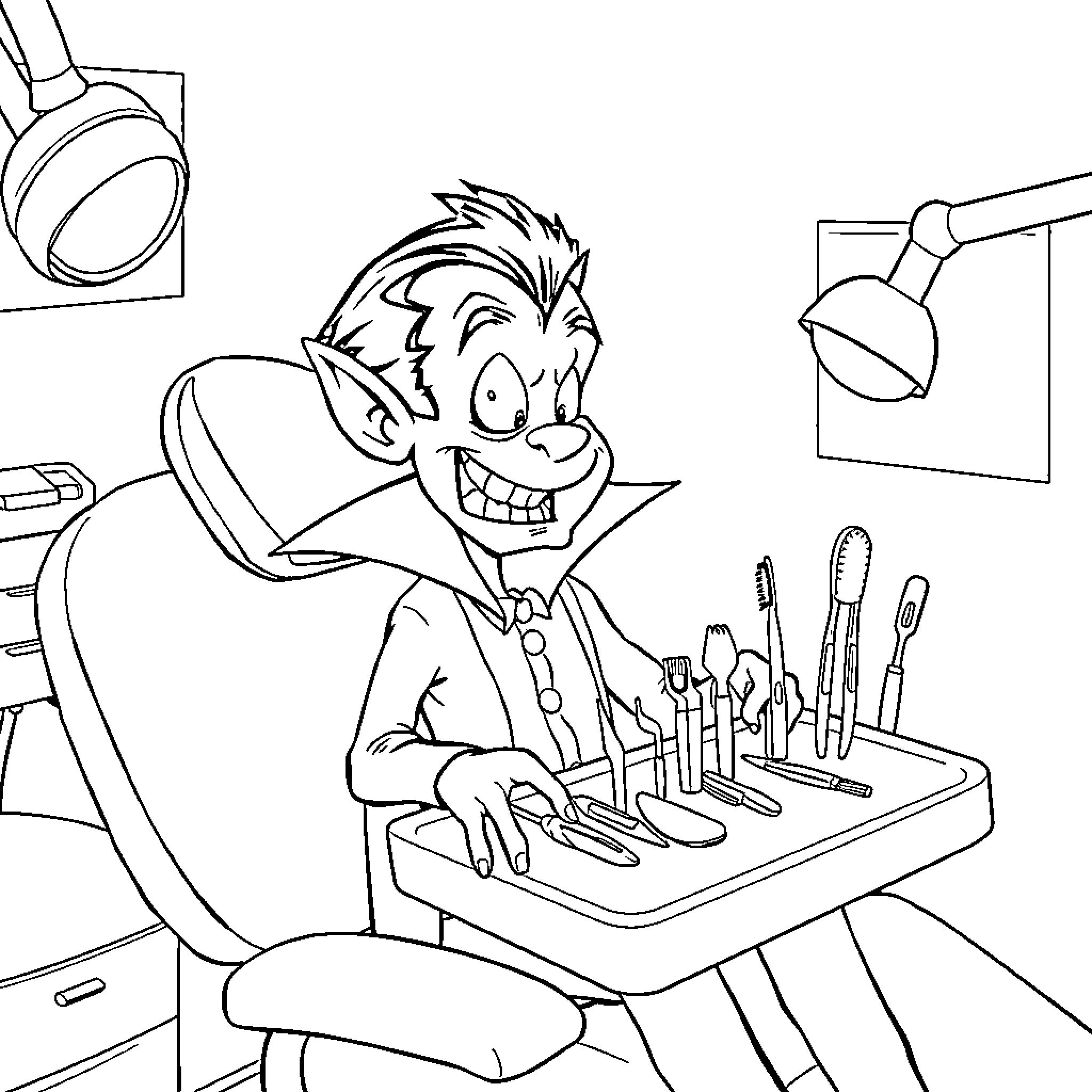 Vampire Dentist at Work in Office Coloring Page (free black-and-white line drawing printable PDF for all, from beginners to advanced learners, including children, teens, adults, and seniors)