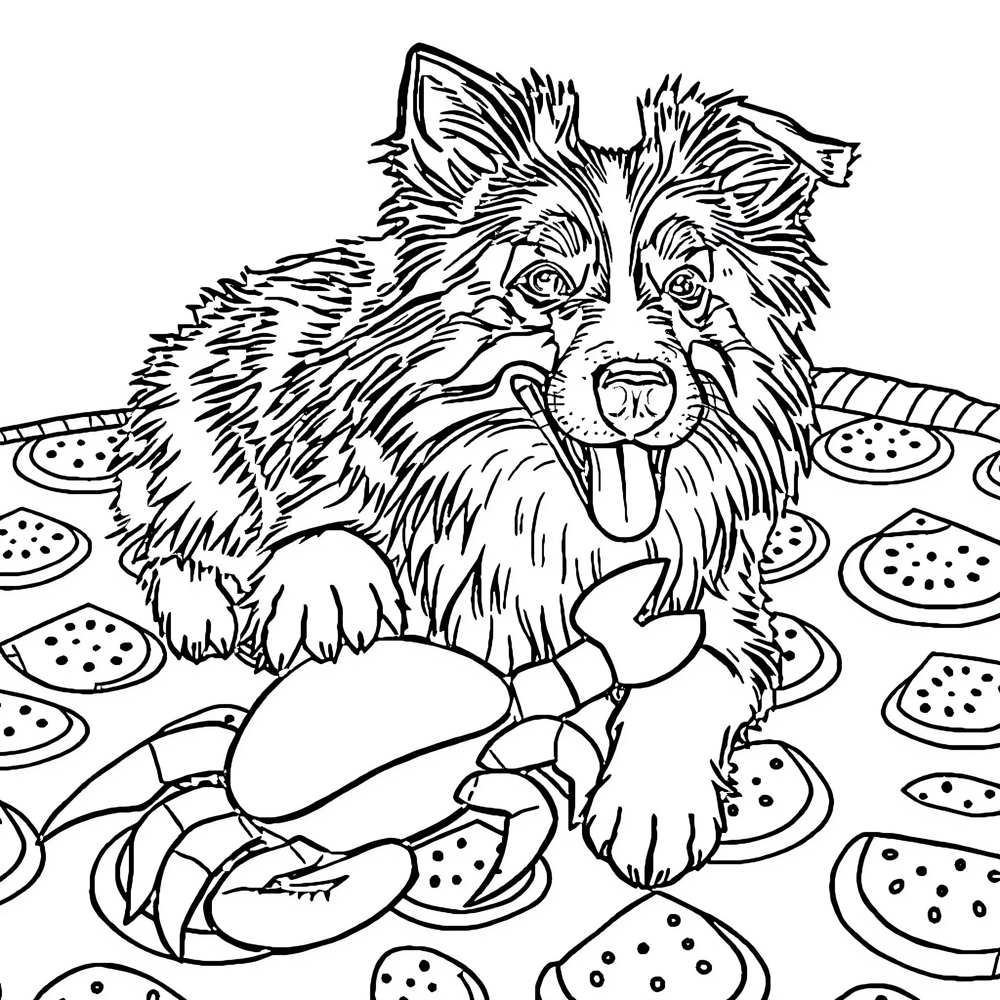 Shetland Sheepdog enjoying a pizza party Coloring Page (free black-and-white line drawing printable PDF for all, from beginners to advanced learners, including children, teens, adults, and seniors)