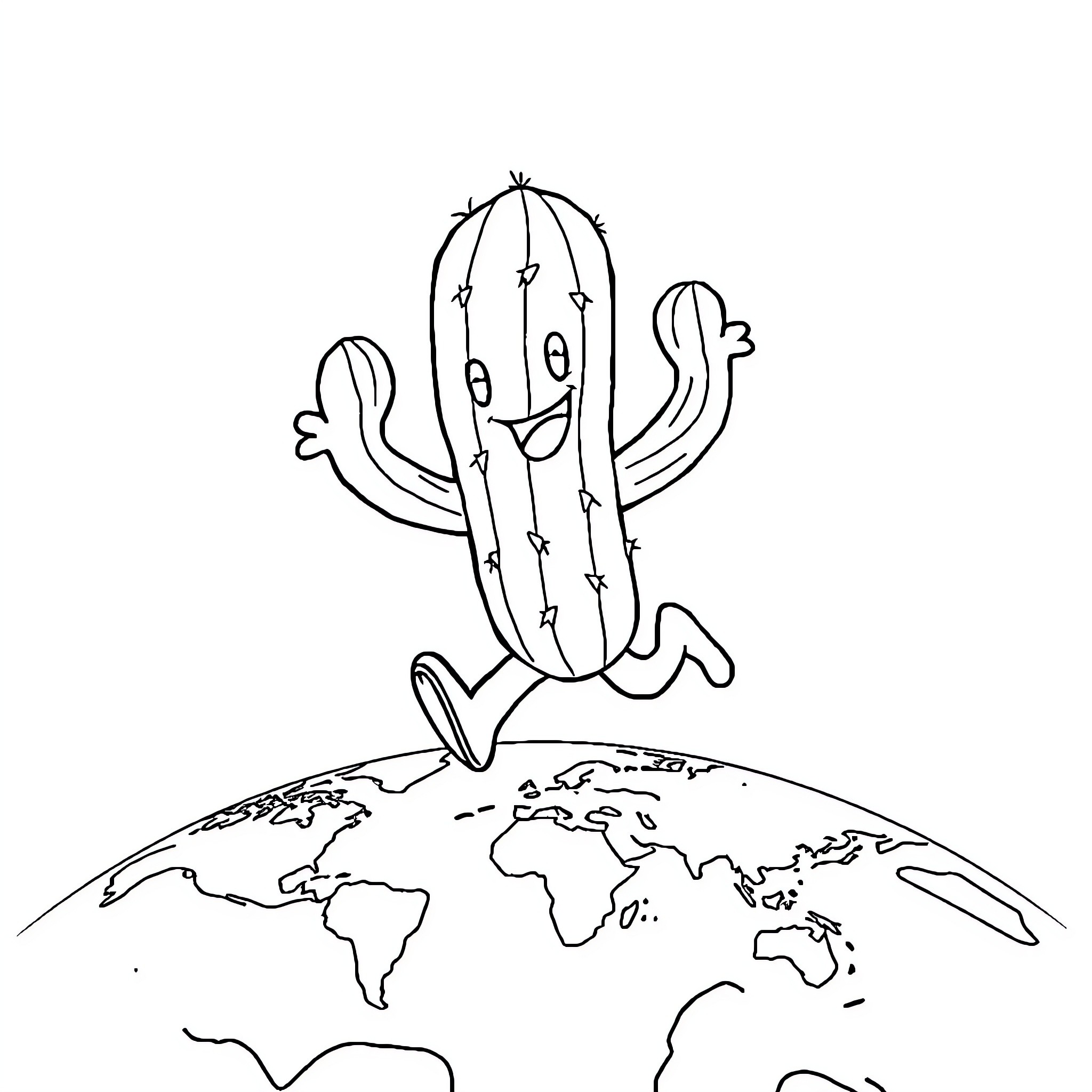 Cactus exploring the world Coloring Page (free black-and-white line drawing printable PDF for all, from beginners to advanced learners, including children, teens, adults, and seniors)