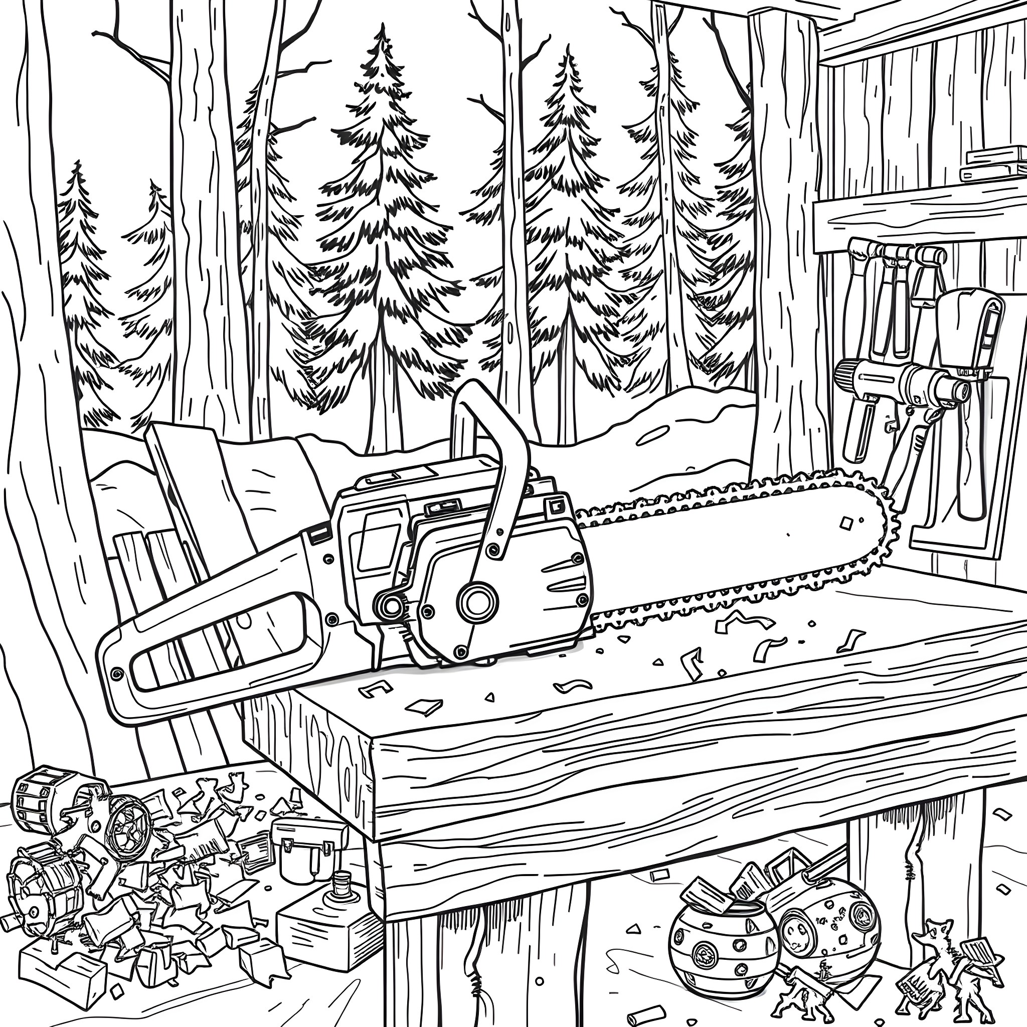 Chain Saw in Action amid Forest Scenery Coloring Page (free black-and-white line drawing printable PDF for all, from beginners to advanced learners, including children, teens, adults, and seniors)