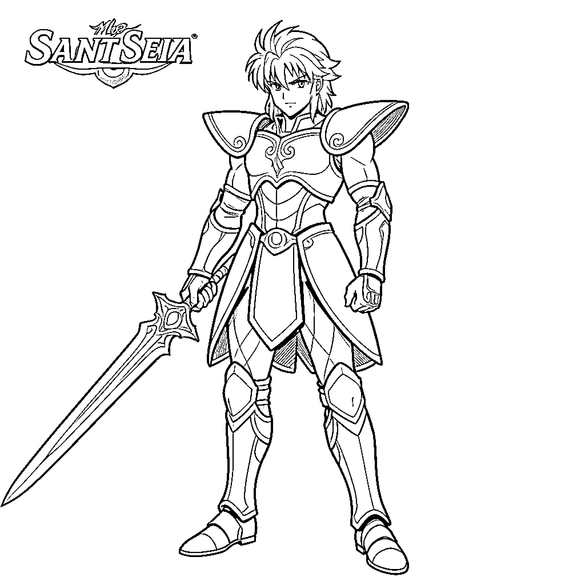 Milo standing heroically in detailed knight armor Coloring Page (free black-and-white line drawing printable PDF for all, from beginners to advanced learners, including children, teens, adults, and seniors)