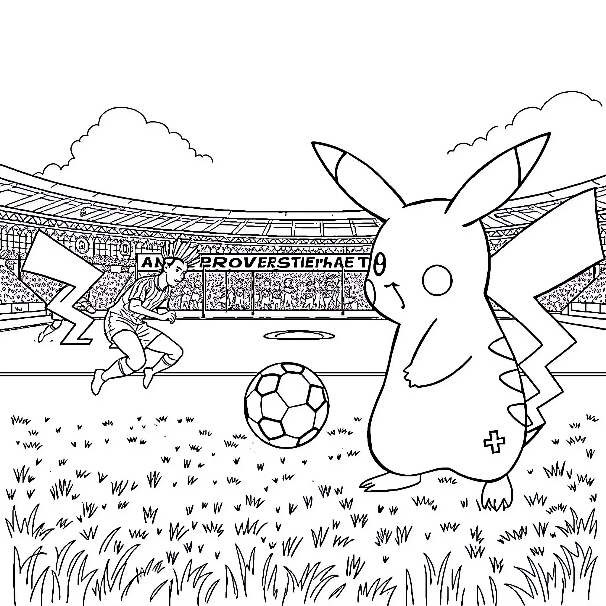 Pikachu playing soccer in a stadium Coloring Page (free black-and-white line drawing printable PDF for all, from beginners to advanced learners, including children, teens, adults, and seniors)