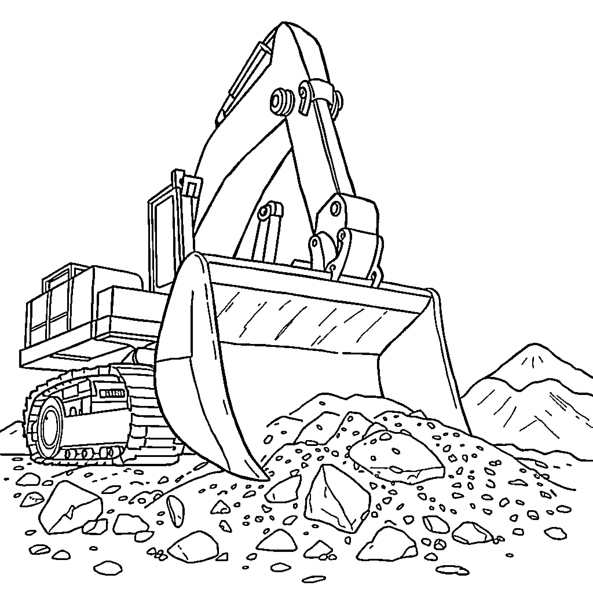 Excavator digging through rocky terrain Coloring Page (free black-and-white line drawing printable PDF for all, from beginners to advanced learners, including children, teens, adults, and seniors)