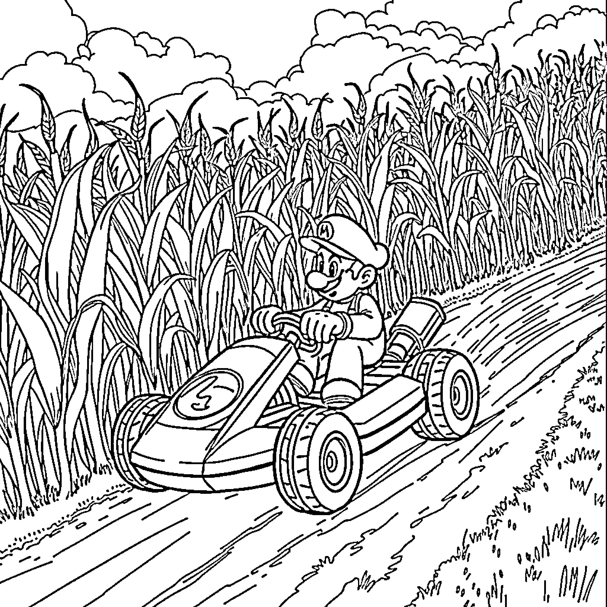 Mario Kart Racing Through a Countryside Coloring Page (free black-and-white line drawing printable PDF for all, from beginners to advanced learners, including children, teens, adults, and seniors)