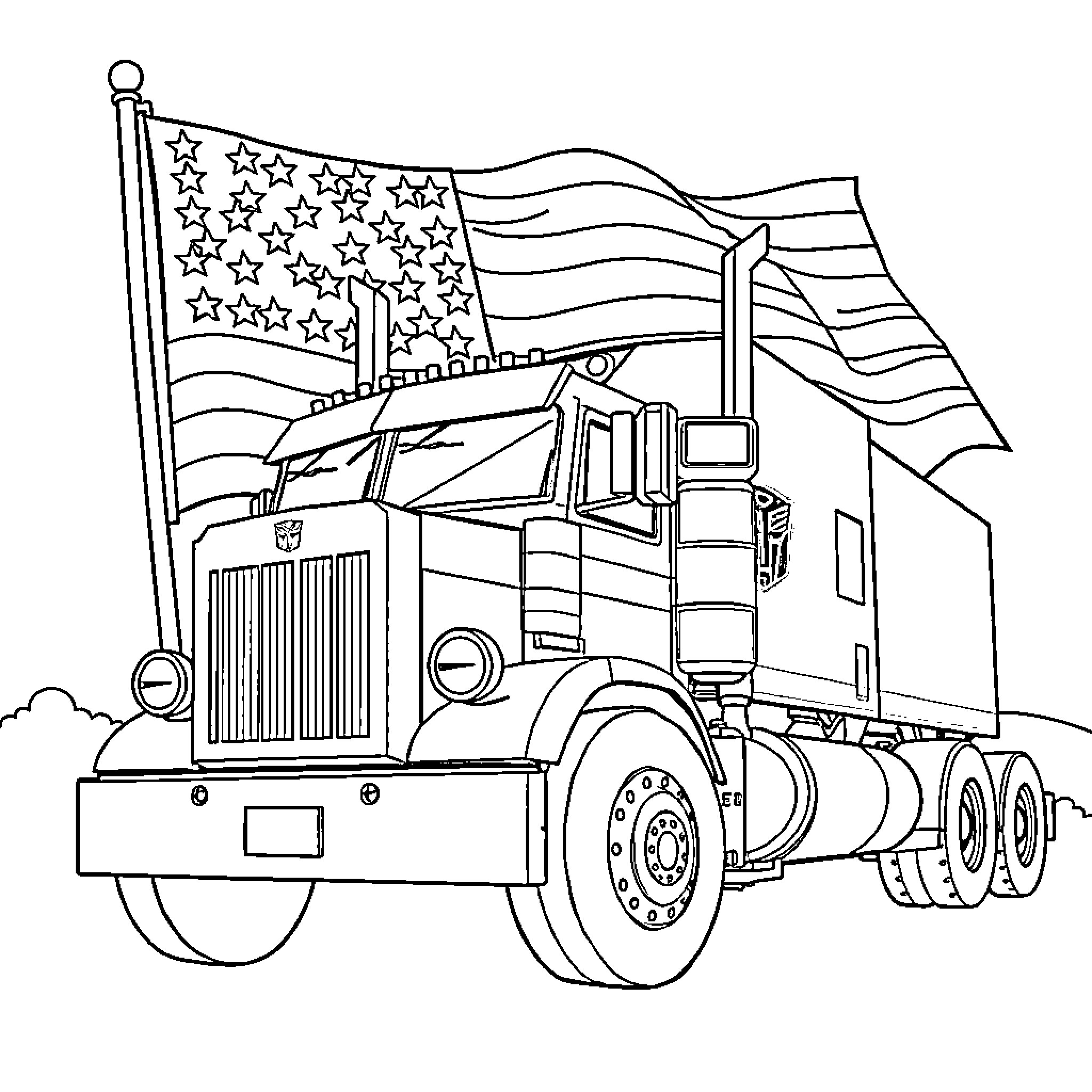 Optimus Prime driving a semi-truck with American flag Coloring Page (free black-and-white line drawing printable PDF for all, from beginners to advanced learners, including children, teens, adults, and seniors)
