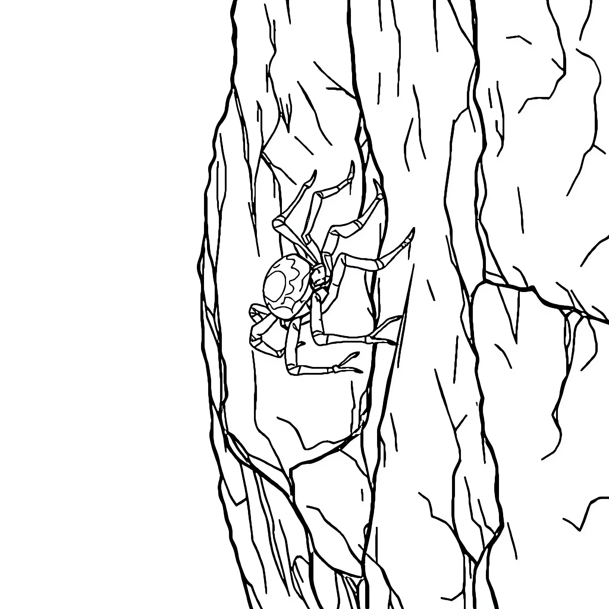 Spider crawling on a tree bark Coloring Page (free black-and-white line drawing printable PDF for all, from beginners to advanced learners, including children, teens, adults, and seniors)