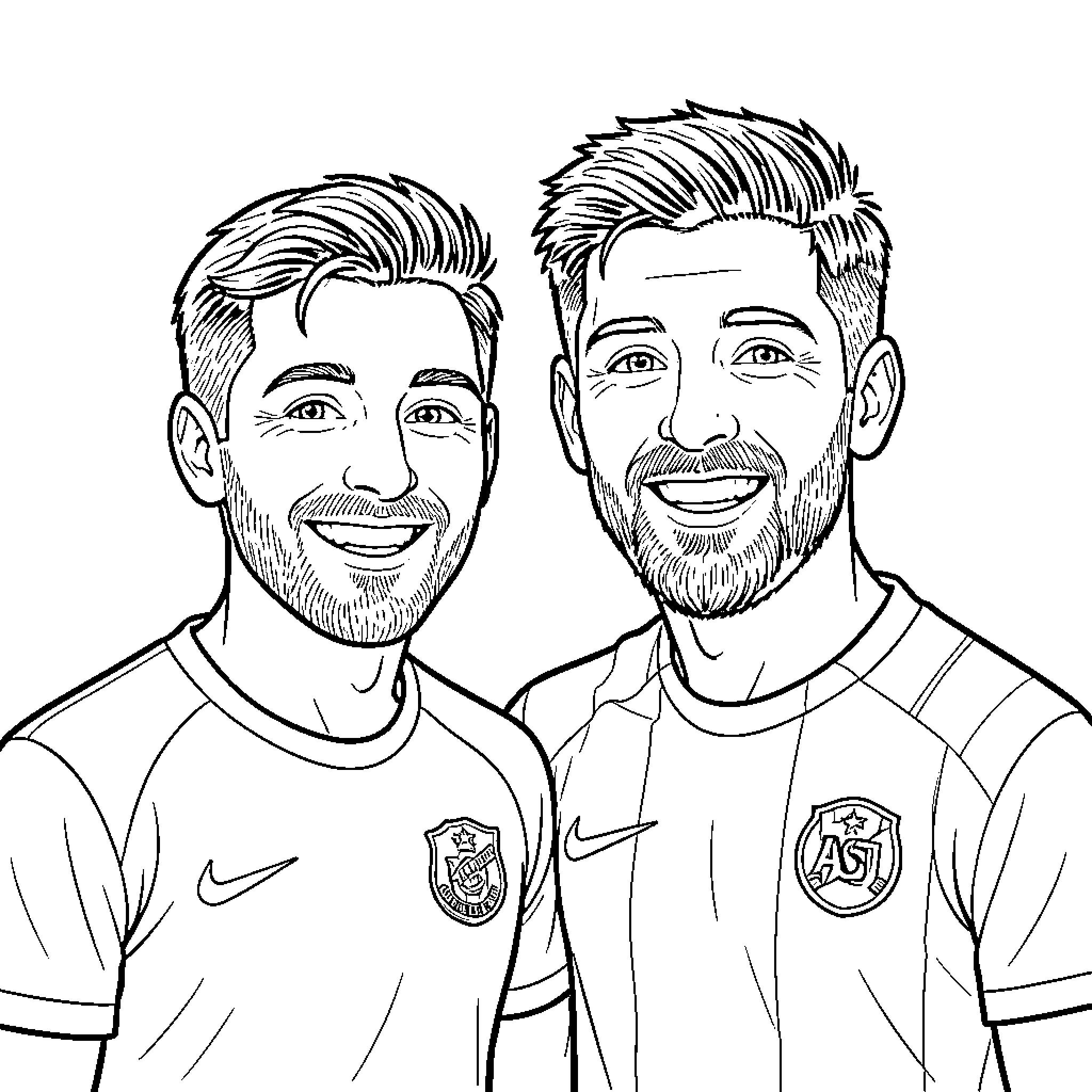 Dibu of two smiling male athletes in jerseys Coloring Page (free black-and-white line drawing printable PDF for all, from beginners to advanced learners, including children, teens, adults, and seniors)