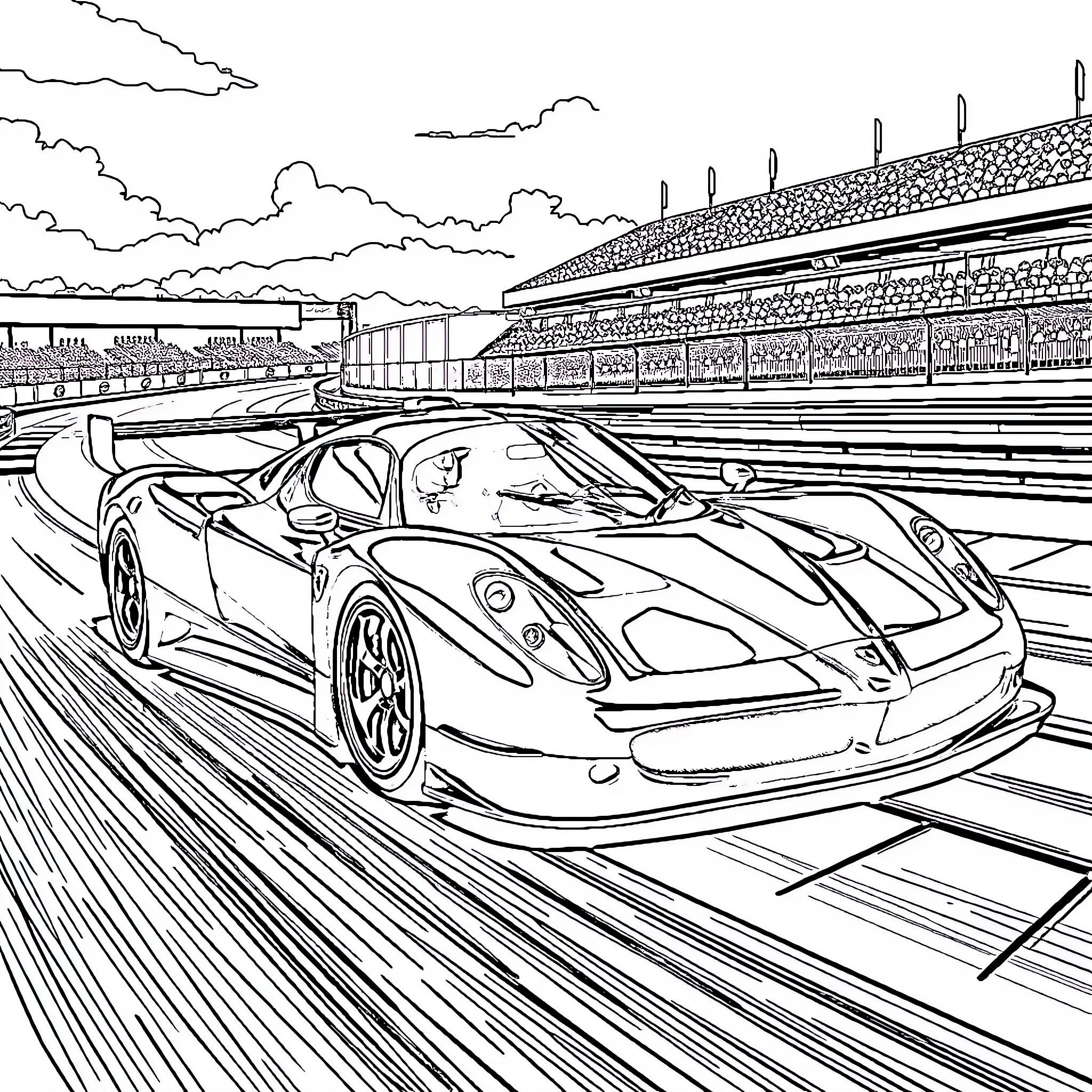 Ferrari Racing Action on Track Coloring Page (free black-and-white line drawing printable PDF for all, from beginners to advanced learners, including children, teens, adults, and seniors)