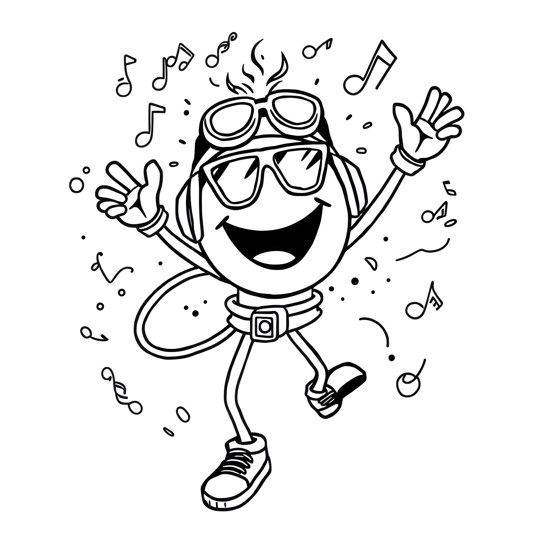 Smiley Cartoon Character Dancing with Music Notes Coloring Page (free black-and-white line drawing printable PDF for all, from beginners to advanced learners, including children, teens, adults, and seniors)