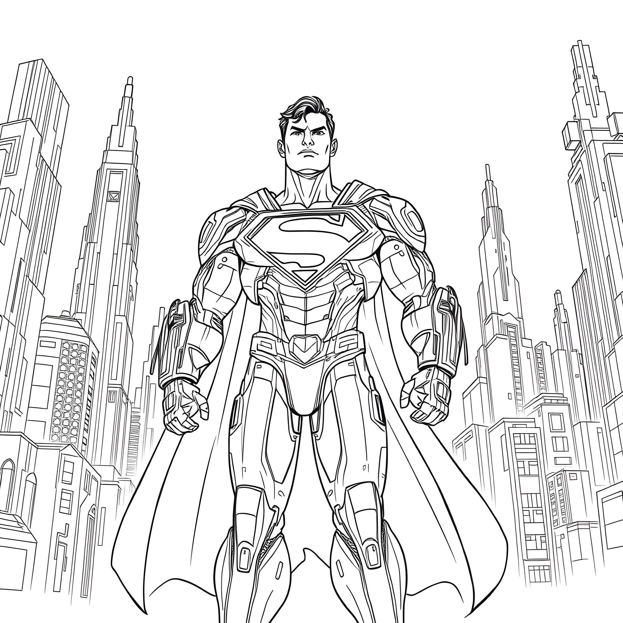 Cyborg Superman defending the futuristic city Coloring Page (free black-and-white line drawing printable PDF for all, from beginners to advanced learners, including children, teens, adults, and seniors)