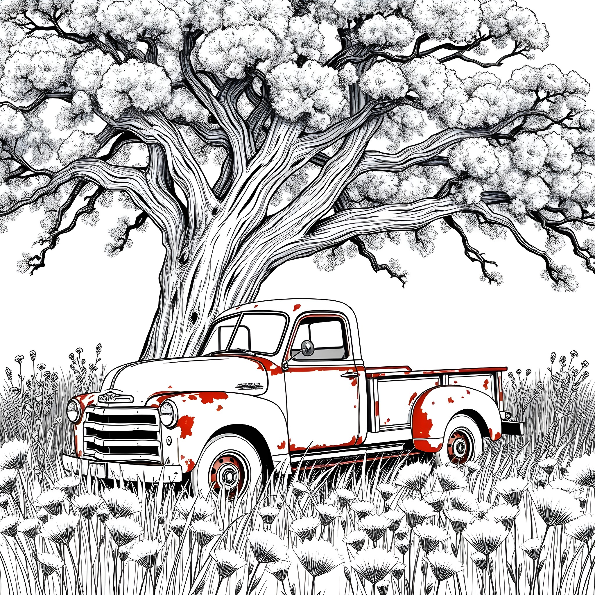 Truck parked under blooming tree in field Coloring Page (free black-and-white line drawing printable PDF for all, from beginners to advanced learners, including children, teens, adults, and seniors)