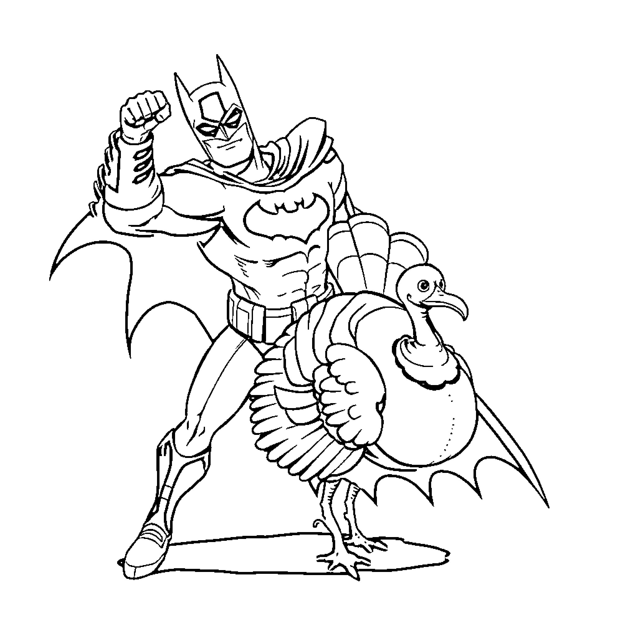 Batman riding a majestic turkey Coloring Page (free black-and-white line drawing printable PDF for all, from beginners to advanced learners, including children, teens, adults, and seniors)