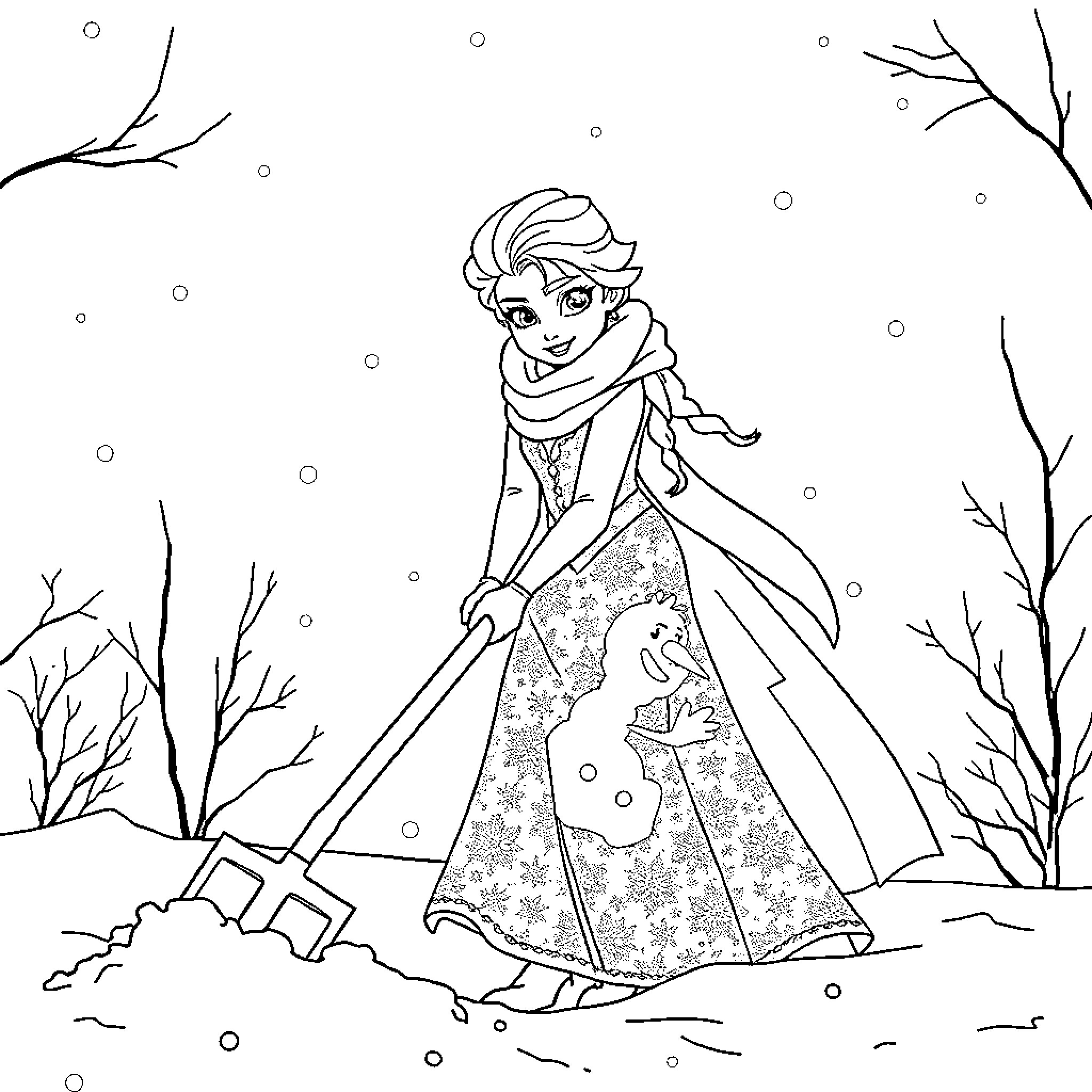 Elsa walking gracefully through the winter wonderland Coloring Page (free black-and-white line drawing printable PDF for all, from beginners to advanced learners, including children, teens, adults, and seniors)