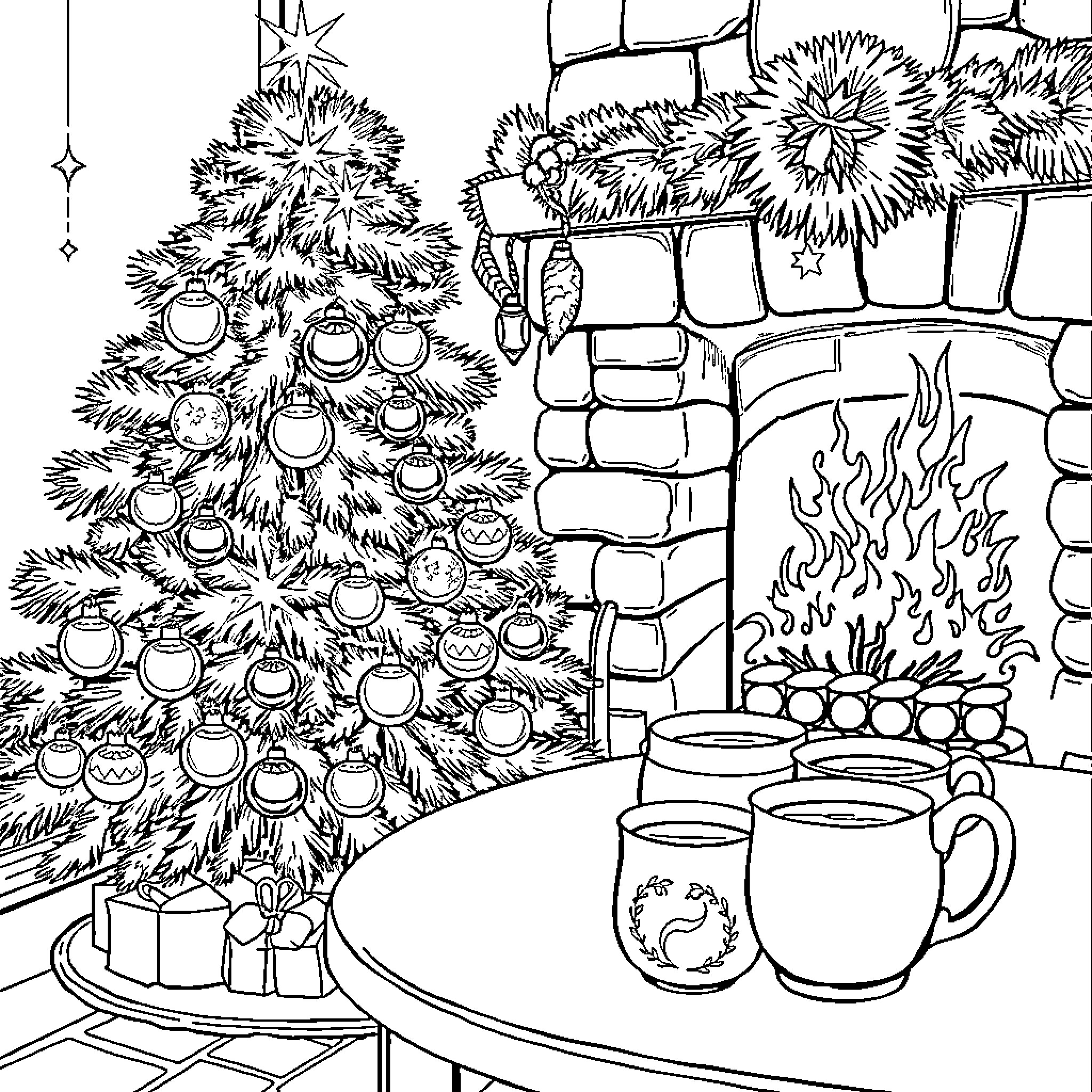 Christmas Tree with Ornaments by Fireplace Coloring Page (free black-and-white line drawing printable PDF for all, from beginners to advanced learners, including children, teens, adults, and seniors)