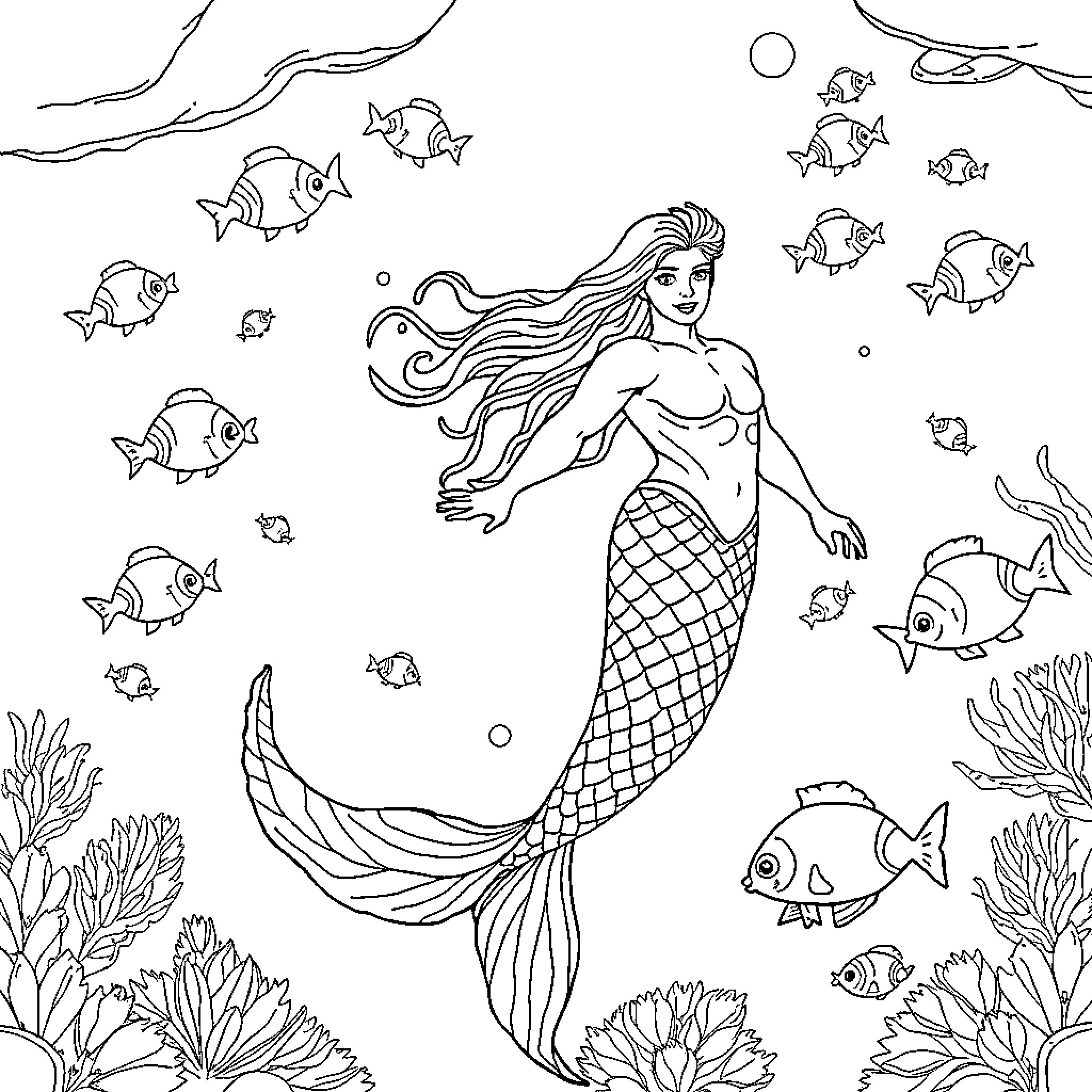 Merman swimming with colorful sea creatures Coloring Page (free black-and-white line drawing printable PDF for all, from beginners to advanced learners, including children, teens, adults, and seniors)
