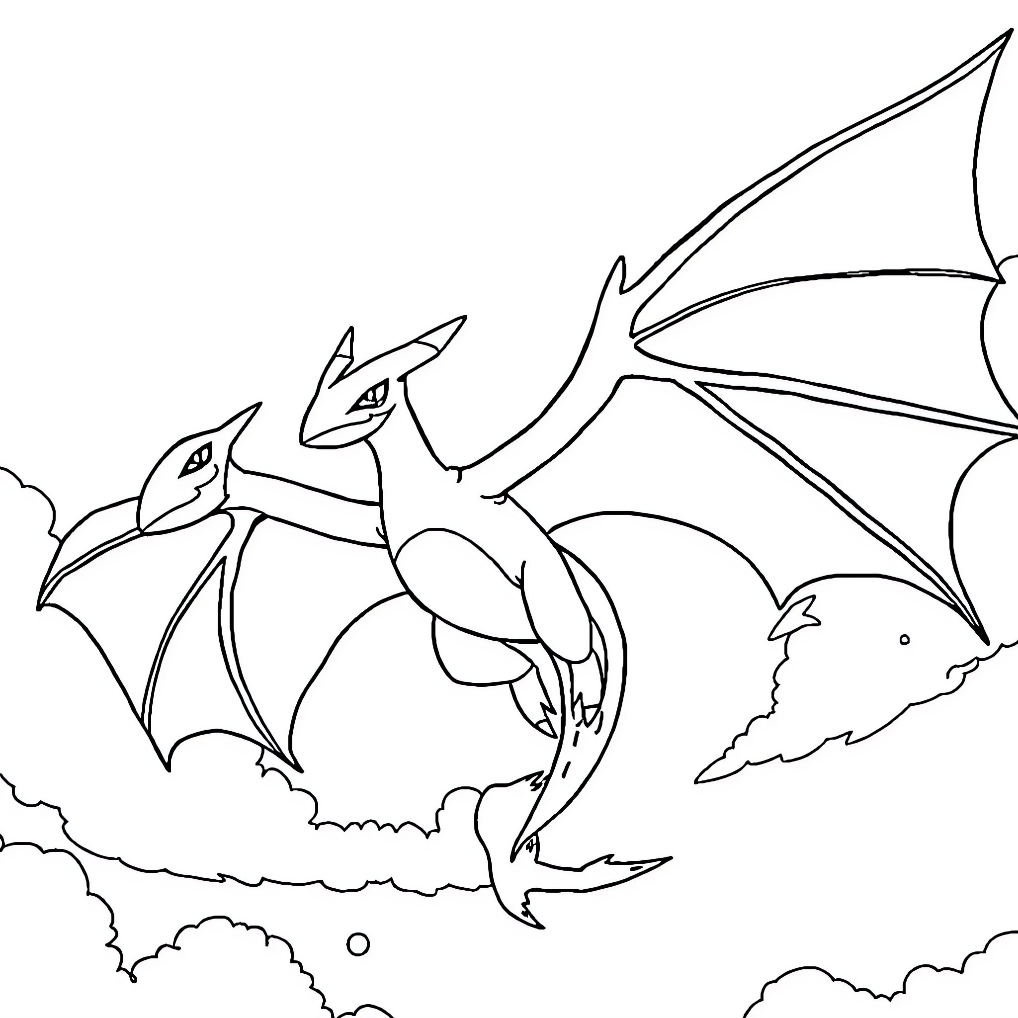 Flygon soaring through cloudy skies Coloring Page (free black-and-white line drawing printable PDF for all, from beginners to advanced learners, including children, teens, adults, and seniors)