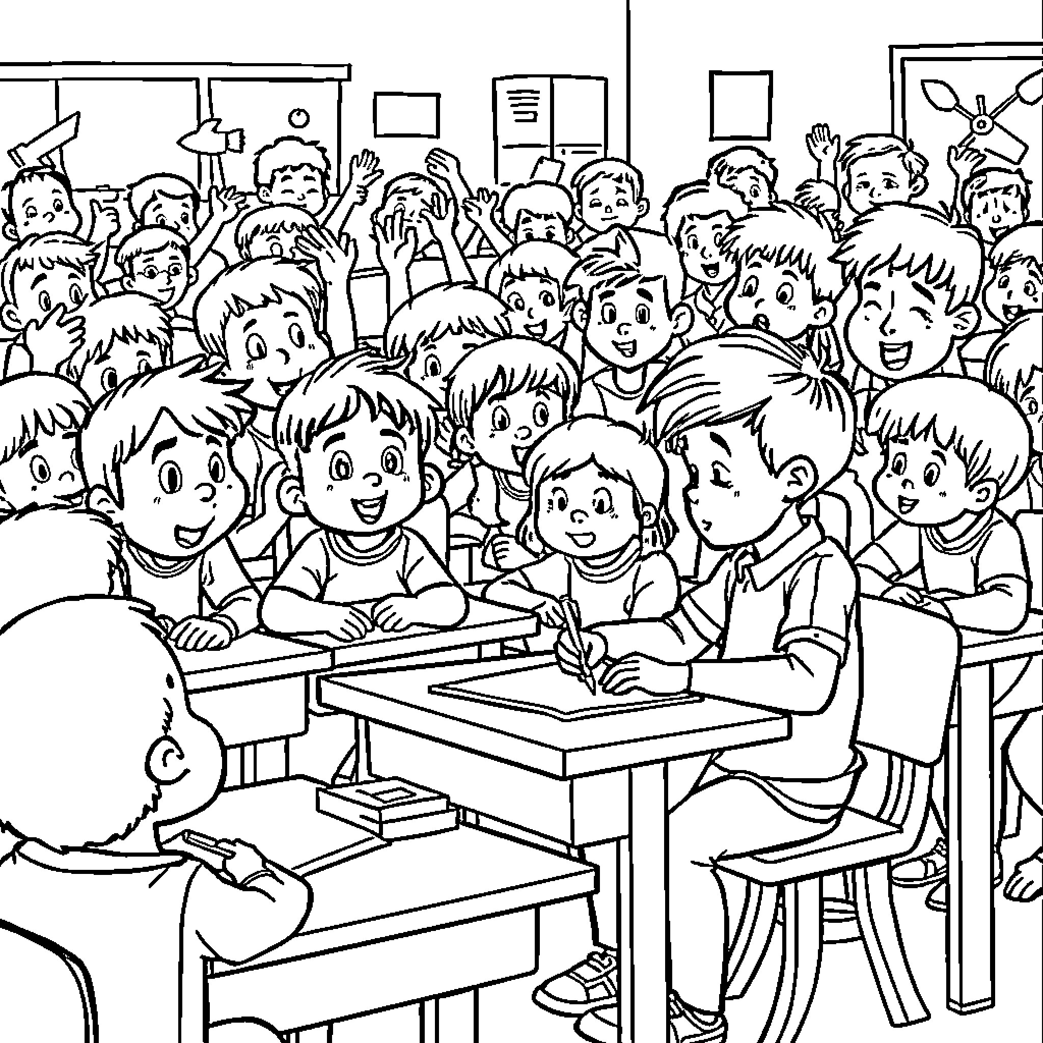 Niño Estudiantes en el aula aprendiendo y participando Coloring Page (free black-and-white line drawing printable PDF for all, from beginners to advanced learners, including children, teens, adults, and seniors)