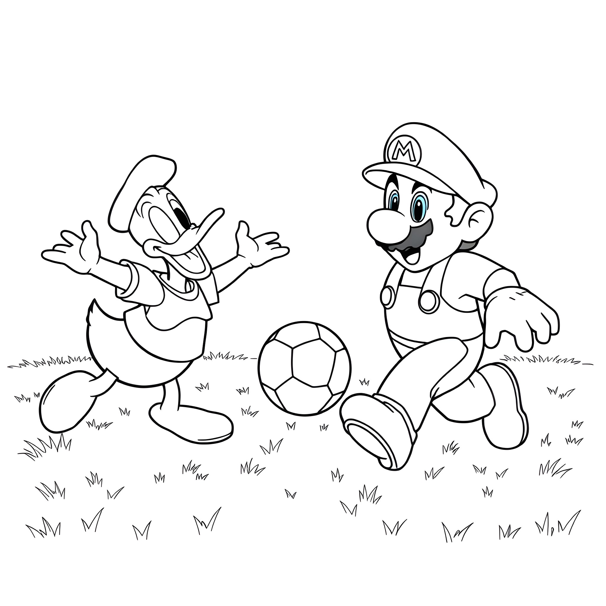 Super Mario Bros playing soccer in the field Coloring Page (free black-and-white line drawing printable PDF for all, from beginners to advanced learners, including children, teens, adults, and seniors)
