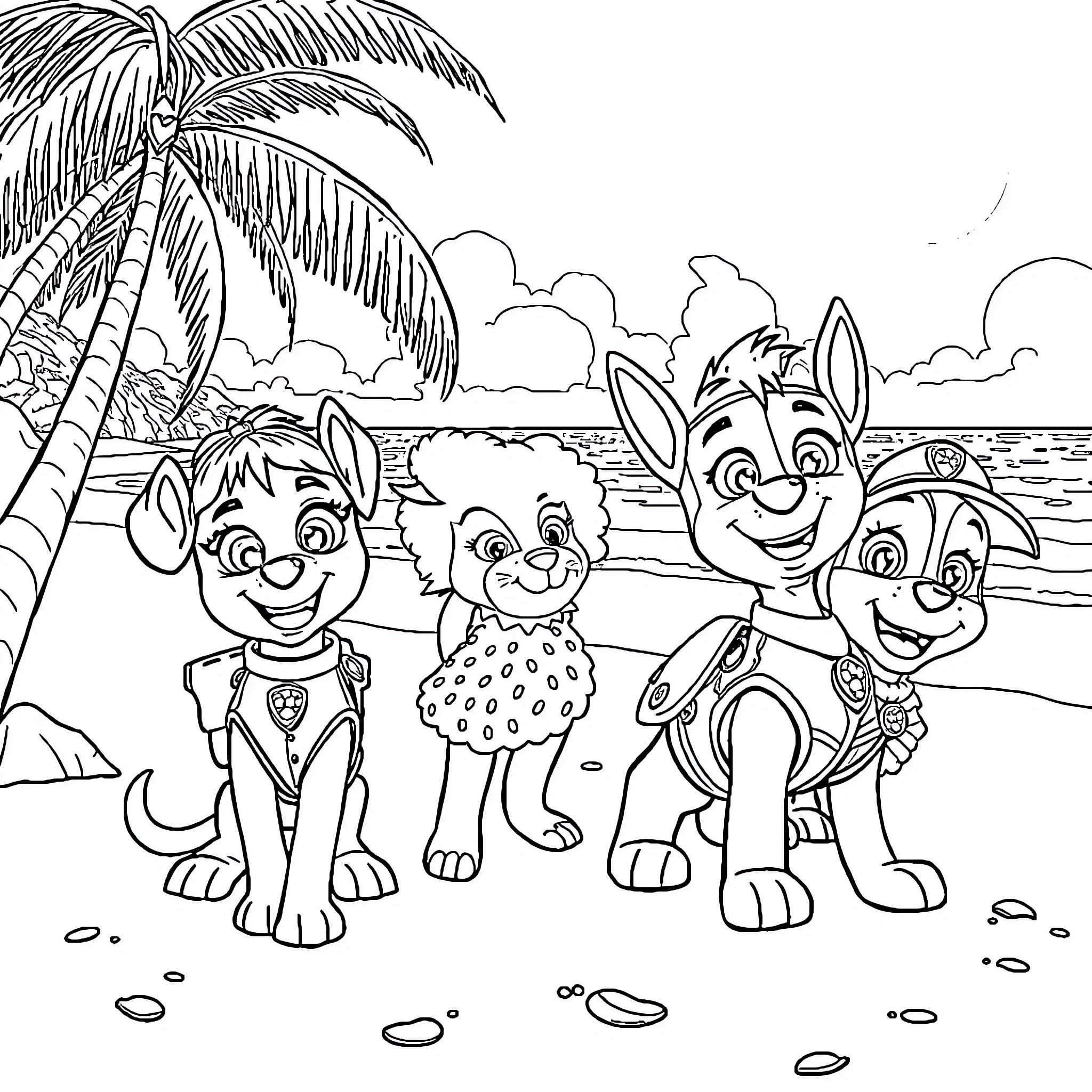 Vaiana and friends explore a tropical island Coloring Page (free black-and-white line drawing printable PDF for all, from beginners to advanced learners, including children, teens, adults, and seniors)