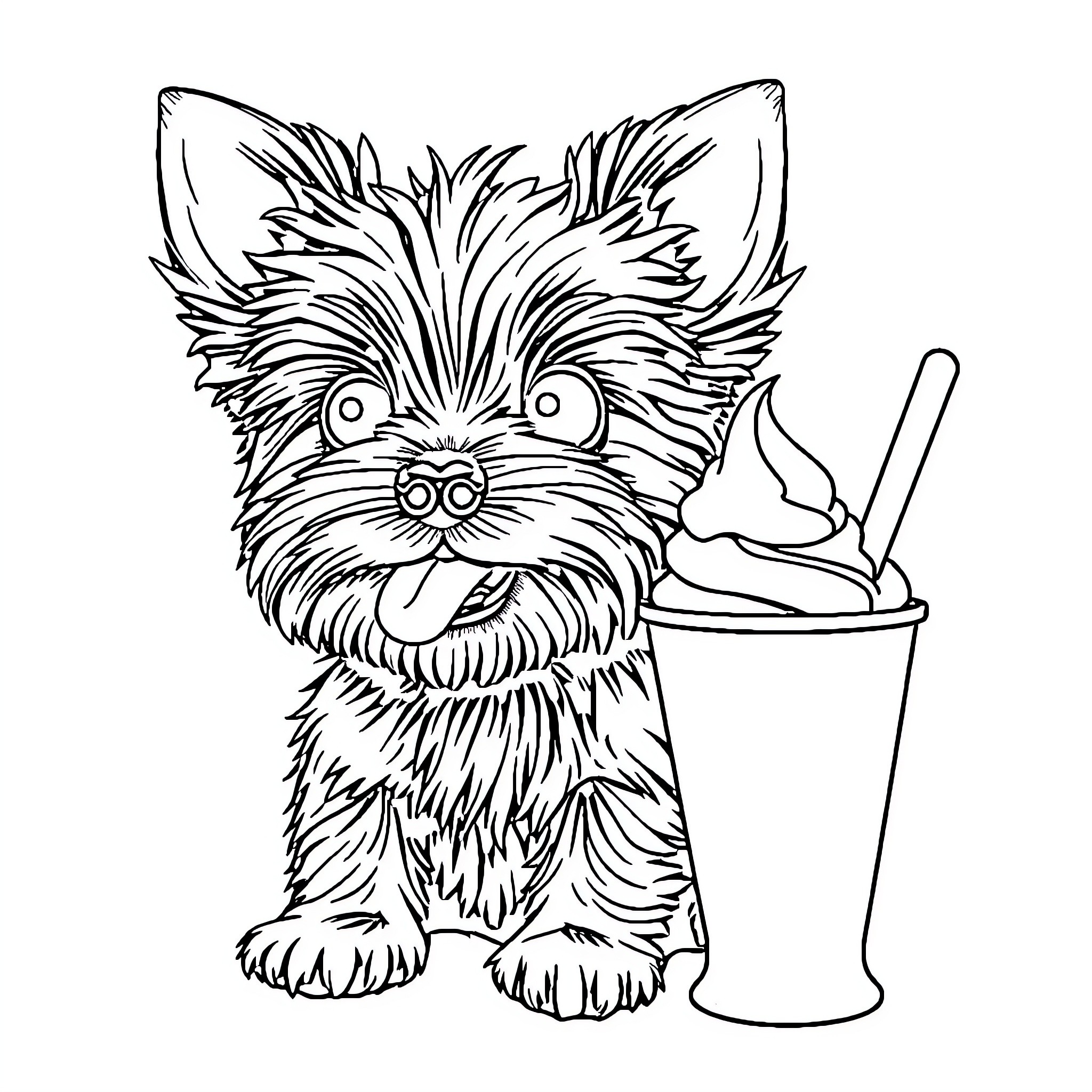 Yorkie enjoying a frozen treat Coloring Page (free black-and-white line drawing printable PDF for all, from beginners to advanced learners, including children, teens, adults, and seniors)