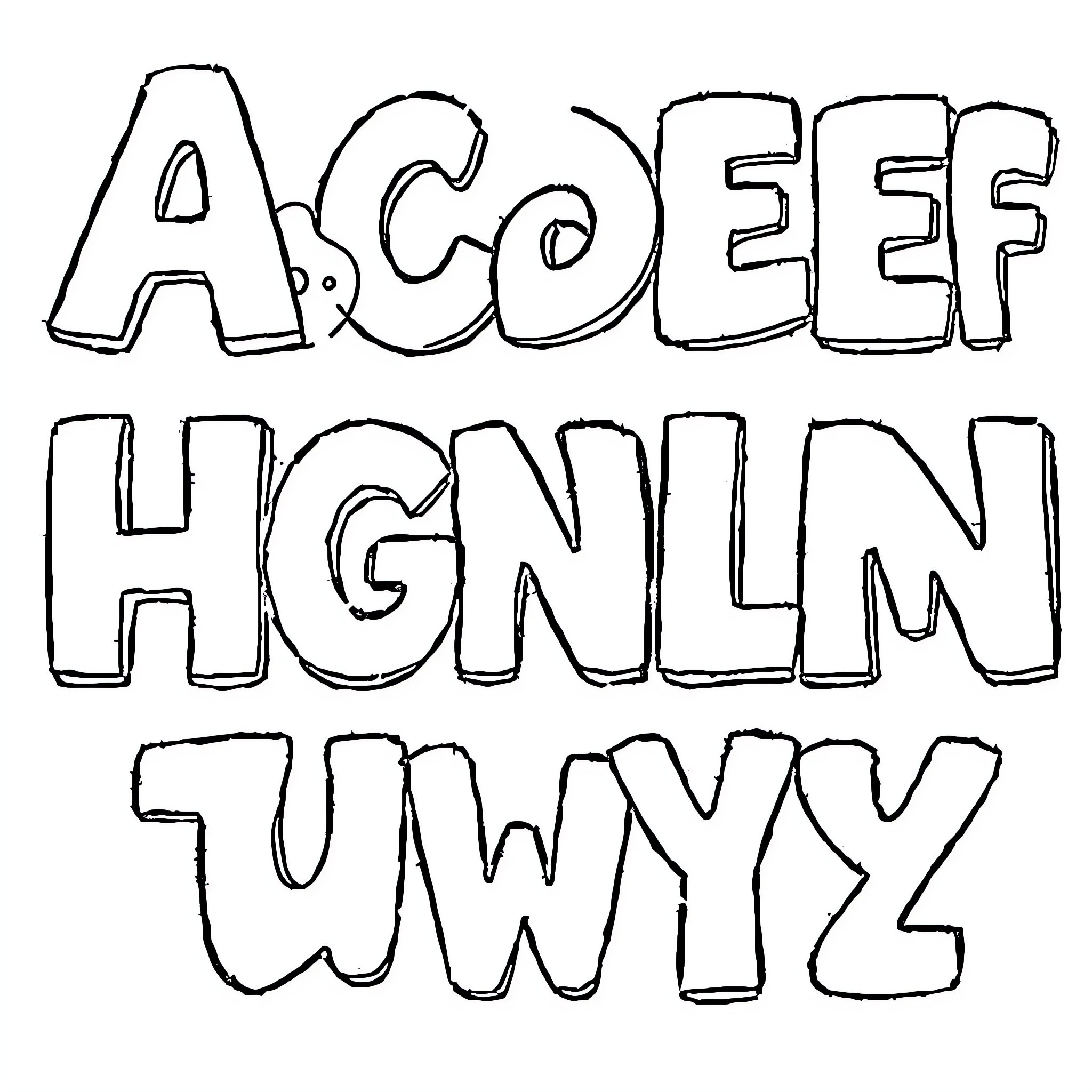 Alphabet stylized letters with irregular shapes Coloring Page (free black-and-white line drawing printable PDF for all, from beginners to advanced learners, including children, teens, adults, and seniors)