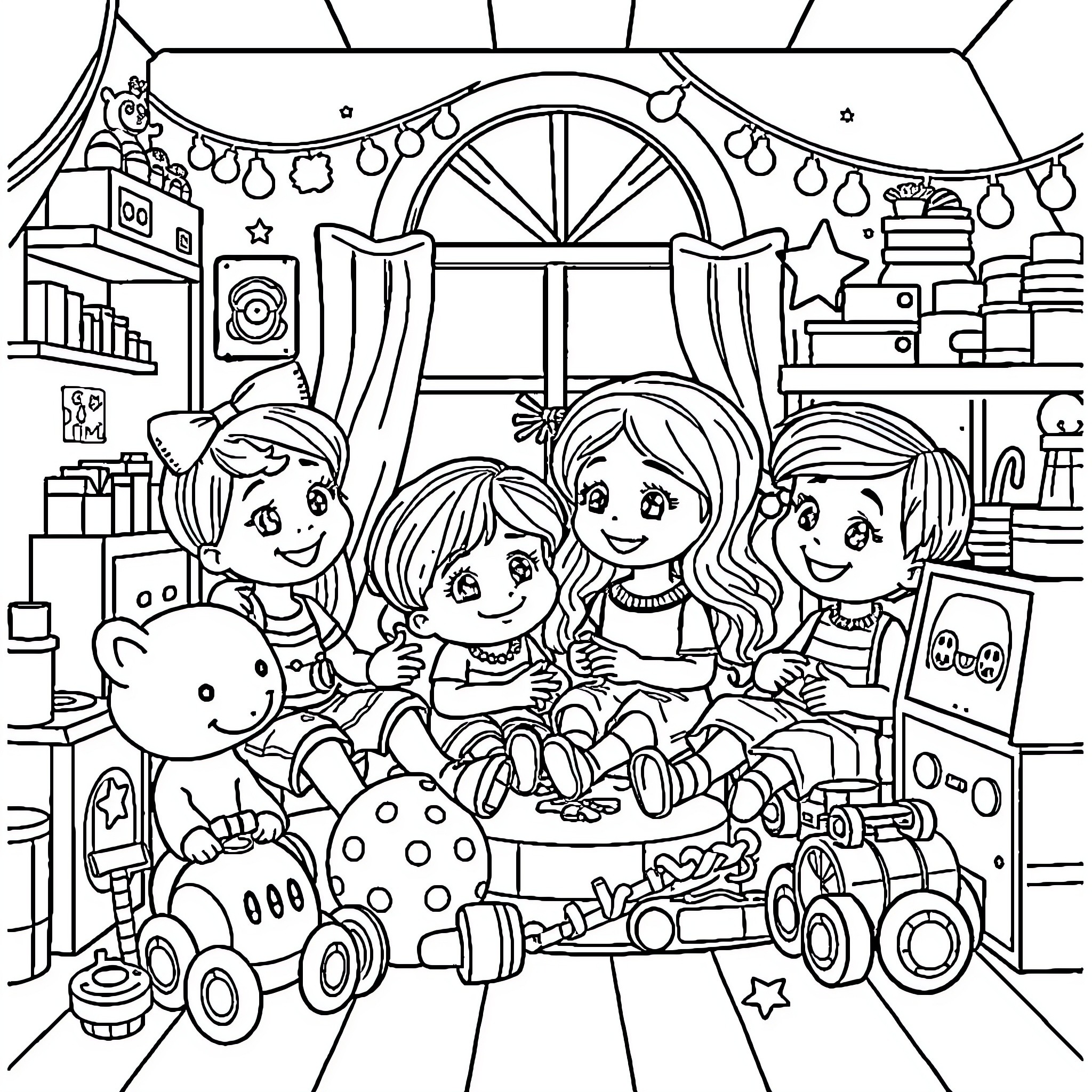 Gabby and Friends Celebrate a Joyful Gathering Coloring Page (free black-and-white line drawing printable PDF for all, from beginners to advanced learners, including children, teens, adults, and seniors)